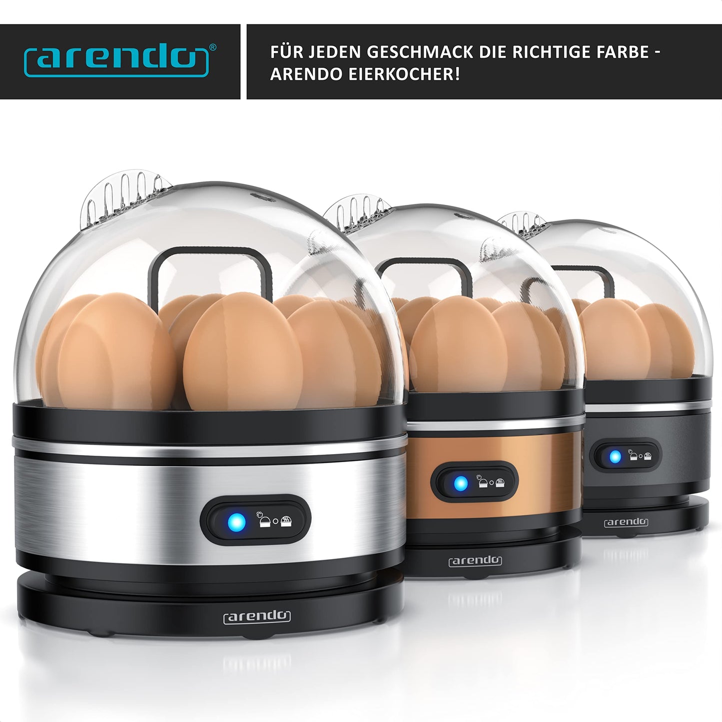 Arendo Sevencook egg cooker 400 W - stainless steel design - cooks 1-7 eggs - on/off switch - 3 cooking levels - keep warm function - signal tone - BPA-free - silver