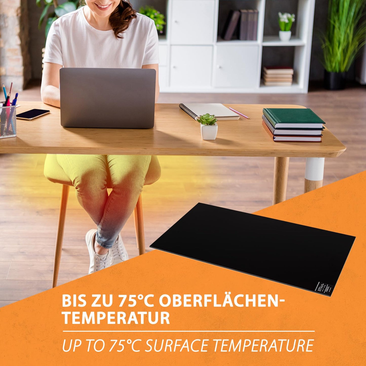 Infrared heat panel desk heater 30x60cm 150W with dimmer for stepless control, IR office heater for warm legs, self-adhesive for the desk/worktable.