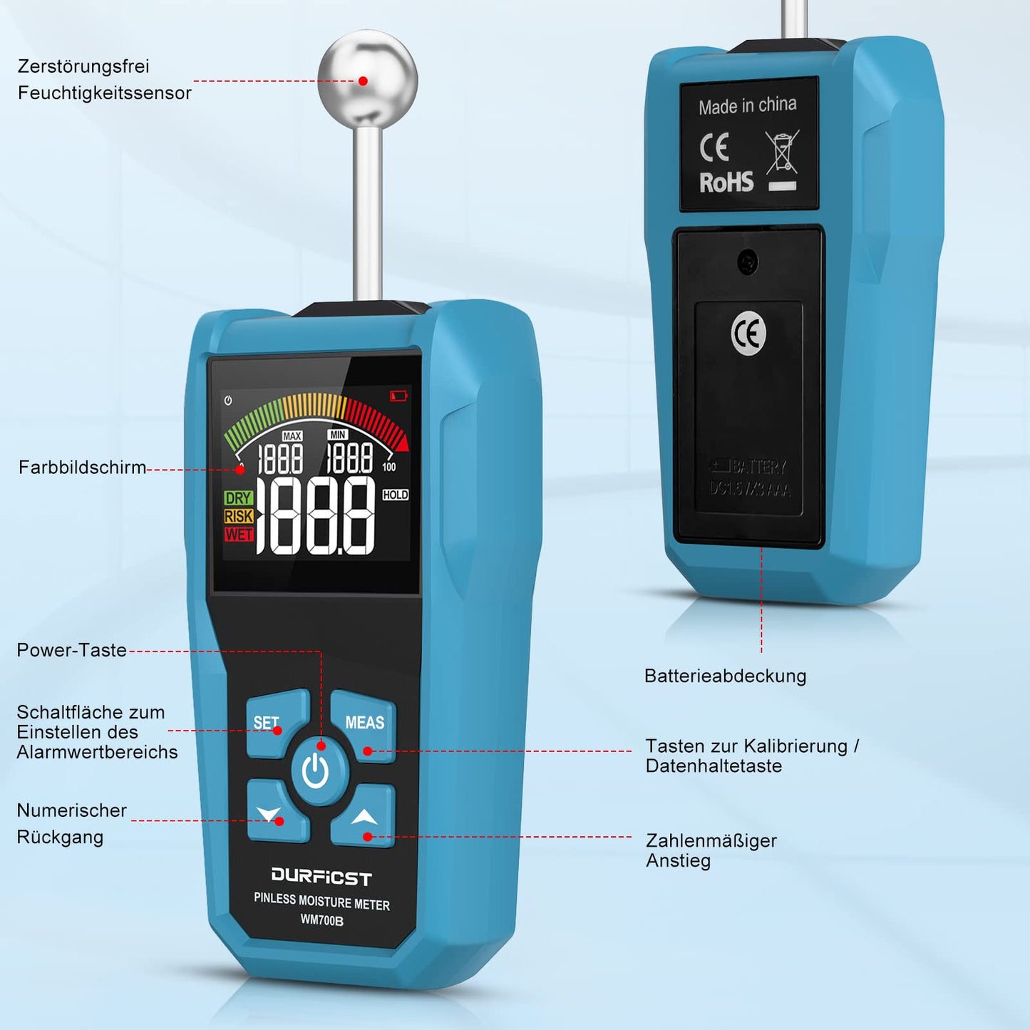 Moisture meter, DURFICST moisture gauge with color LCD and audible alarm, suitable for all building materials, wood, walls, plaster, masonry, 20-40 mm analysis depth.