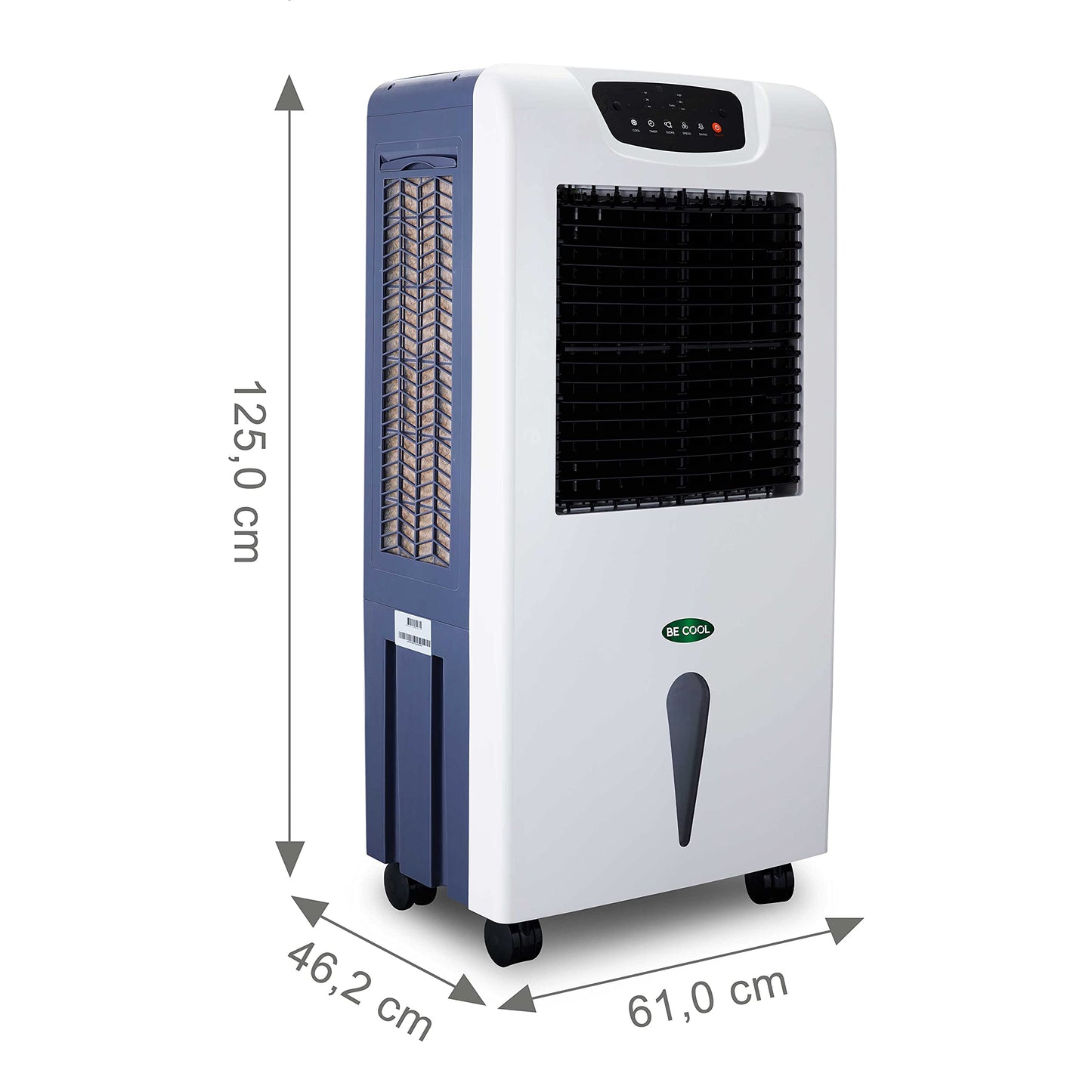 BE COOL air cooler with water cooling, 3-in-1 evaporative cooler, humidifier, fan, oscillation function, air purifier with ionizer, 4 speeds, 63 liter water tank, timer, white/gray.