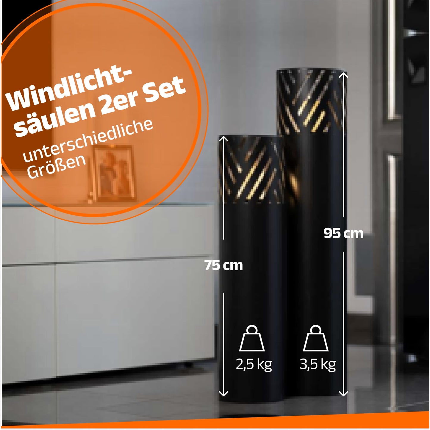 BENTSON lantern column Black Design I 2-piece Set I Decorative column for garden in Industrial Design I Garden lantern for outdoor and indoor I Lantern including candles I Stripes I 95cm + 75cm