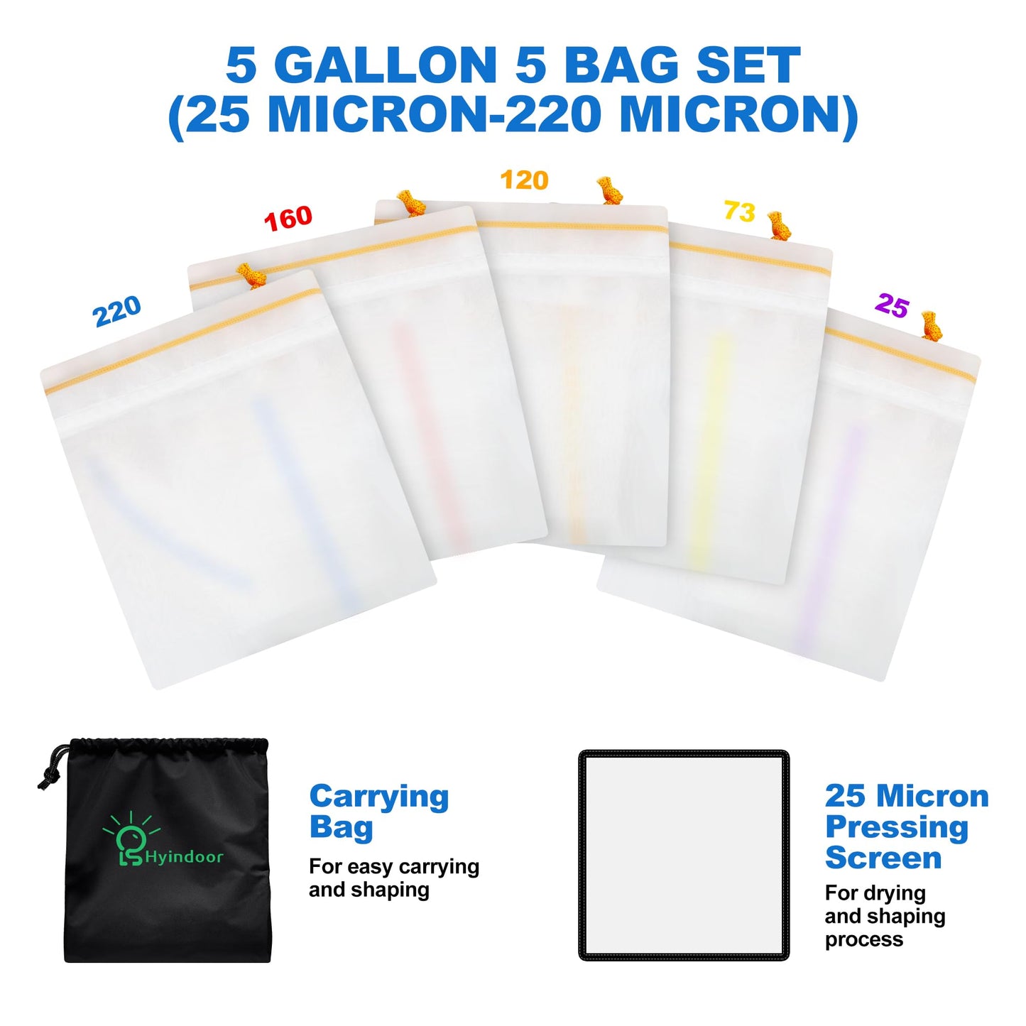 Indoor Bubble Bags All Mesh 5 Gallon 5 Bags Set Bubble Hash Bag Ice-O-Lator Herbal ICE Essence Extractor Kit with Pressure Screen and Carrying Bag for Herb Extraction and Hash Production