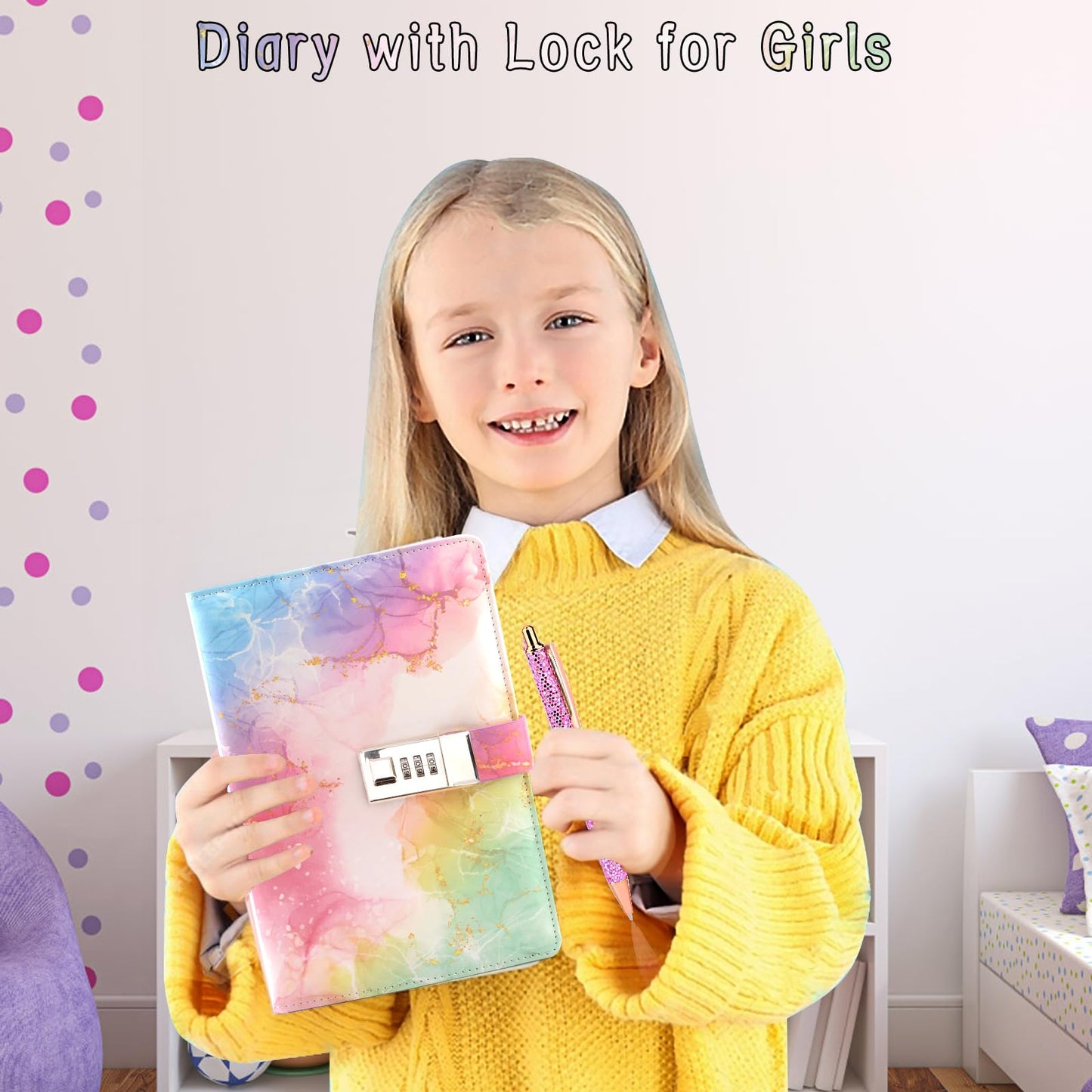 Diary with lock for girls, gifts for girls 8 9 10 11 12 13 years old, Back to School beginning of school birthday gifts for teenage girls ages 7-14, diary with code, note pad, pen, pencil case, school