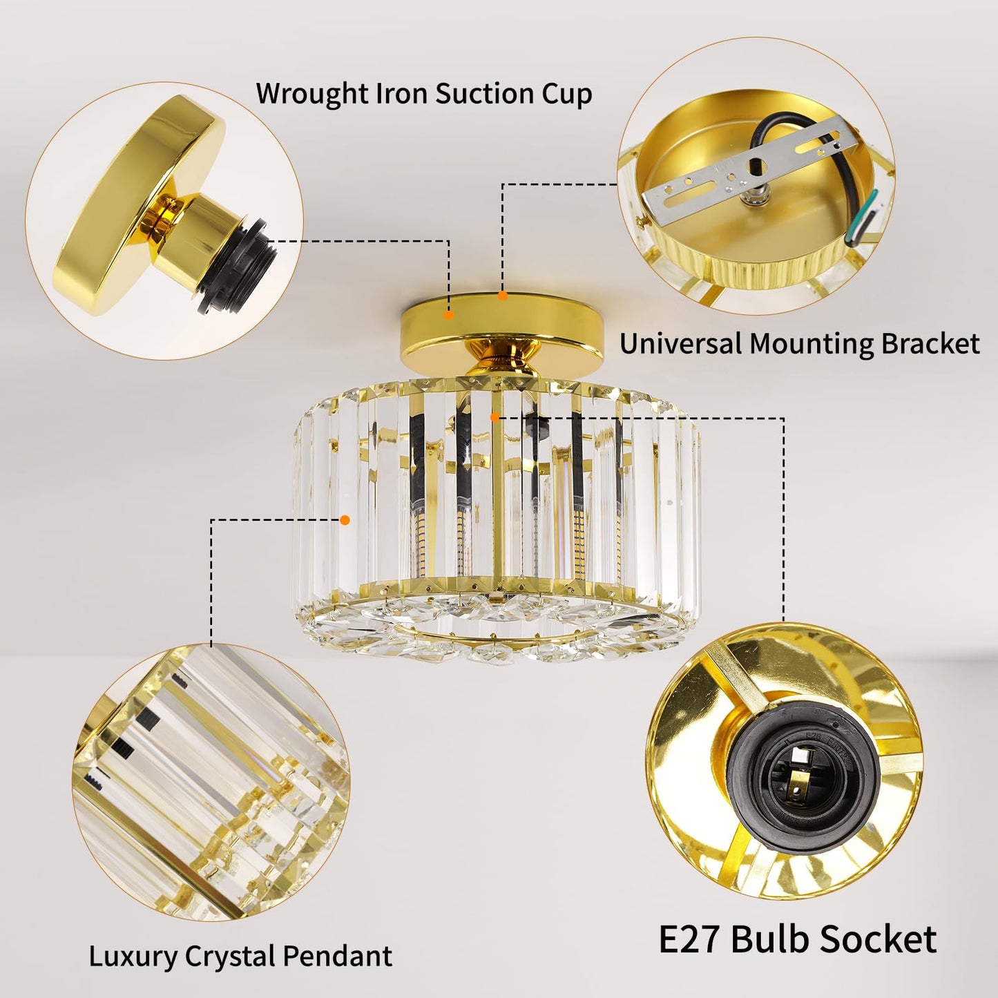 FRIDEKO HOME Modern Crystal Ceiling Light Black 4-Light Large Round Chandelier Crystal Lampshade Metal Ceiling Light E27 for Bedroom Living Room (Ø22cm-Gold)
