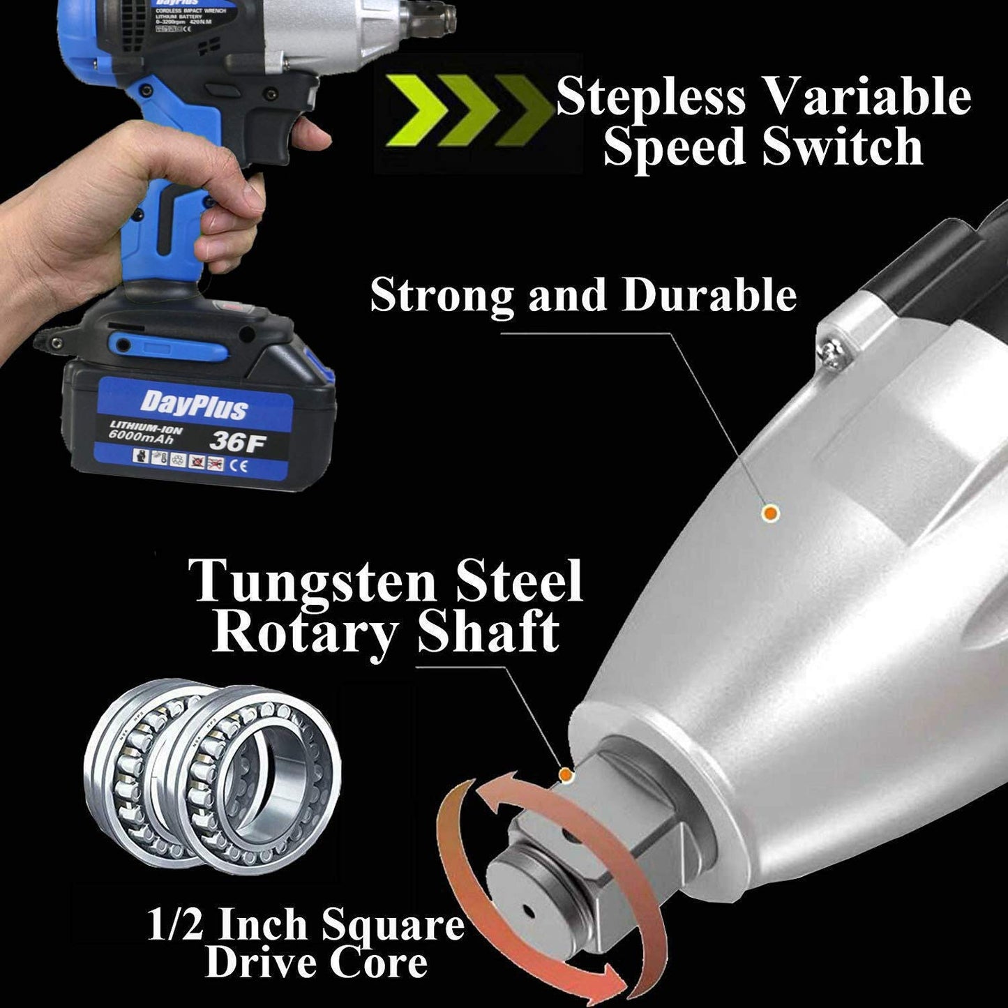 Autofather 18V Cordless Impact Wrench 420Nm torque, 2900rpm, 1/2" anvil; 6000mAh battery, fast charger, 4 sockets (17/19/20/22 mm), belt clip, and carrying case included.