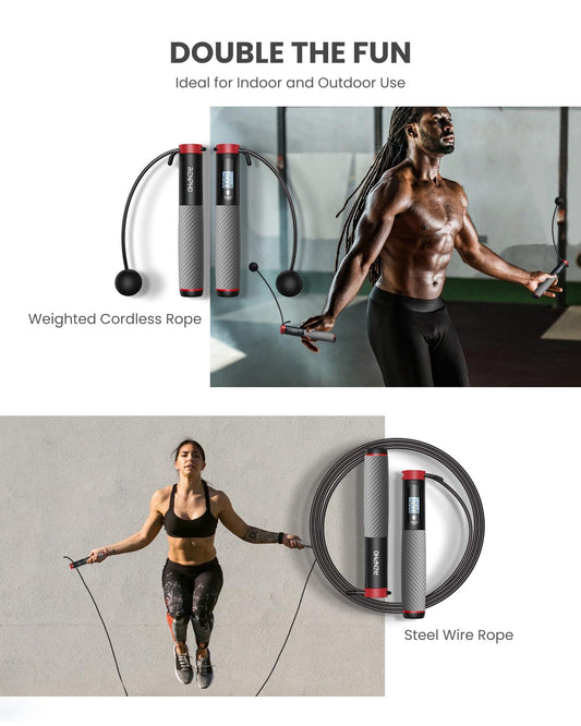 RENPHO Jump Rope with Counter, smart weighted jump rope for fitness training, adjustable rope for beginners and pros, with app data analysis for calorie burning.