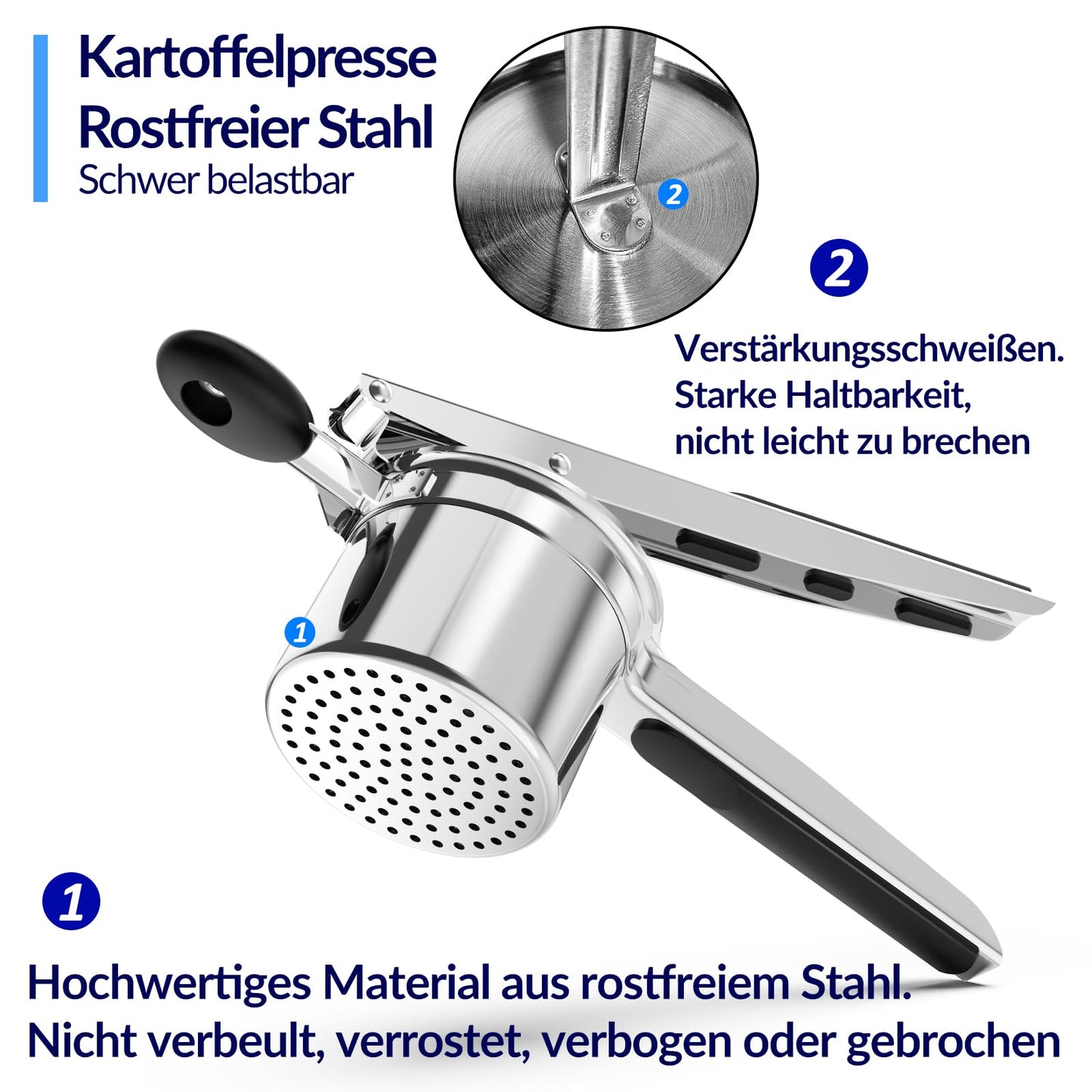 Potato masher, spaghetti ice cream maker, 405ML heavy-duty stainless steel potato press makes fluffy mashed potatoes, strong ricer disc without mess, with comfortable silicone handle, dishwasher safe.