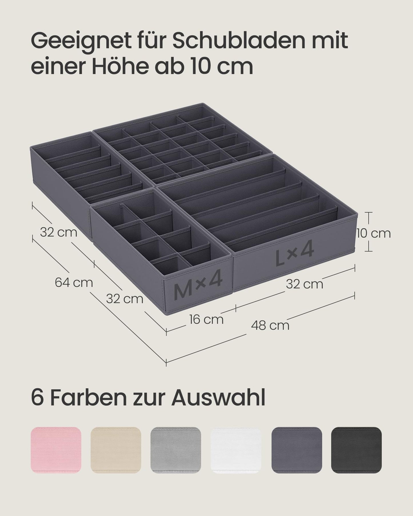 SONGMICS Underwear Organizer 8-Pack, Foldable Drawer Organizer, Closet Organization System, Storage Box, Fabric Storage Boxes for Bras, Socks, Ties, Grey RUS08GY