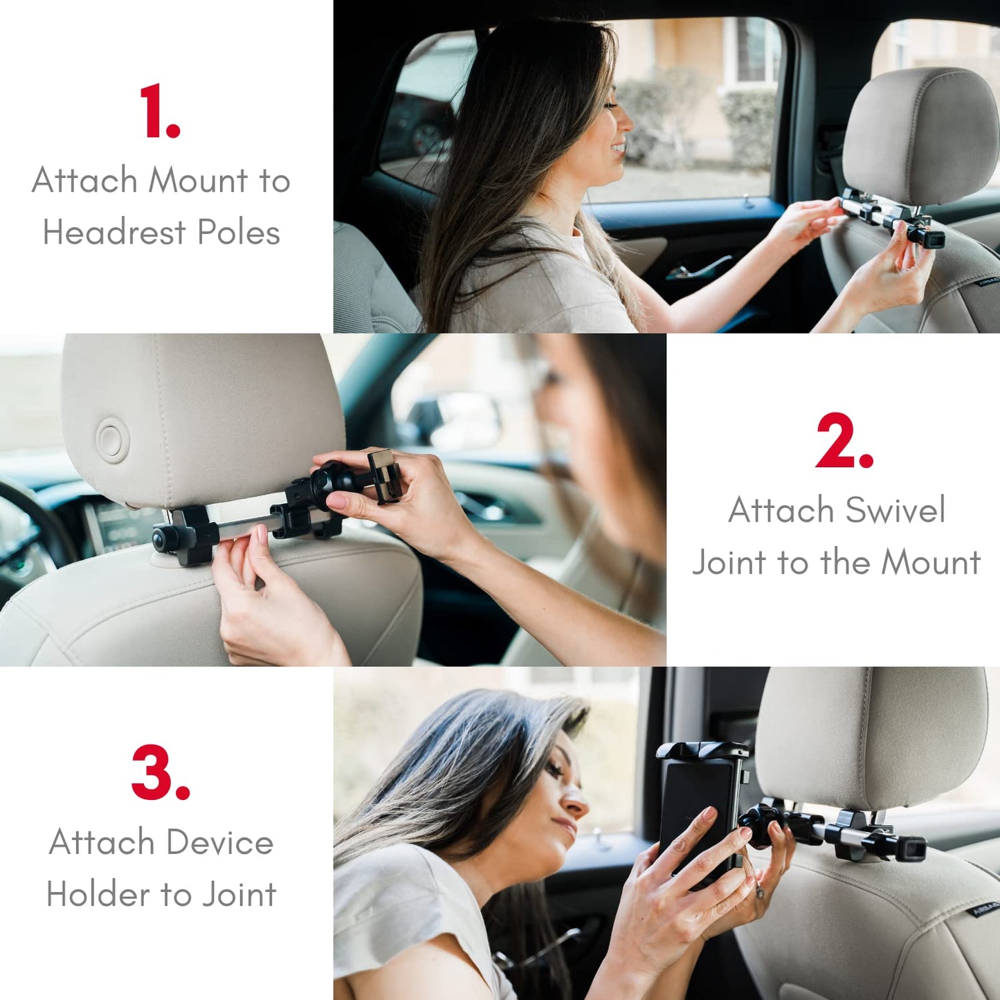 Macally car headrest mount for iPad Pro/Air/Mini, tablets, Nintendo Switch Silver