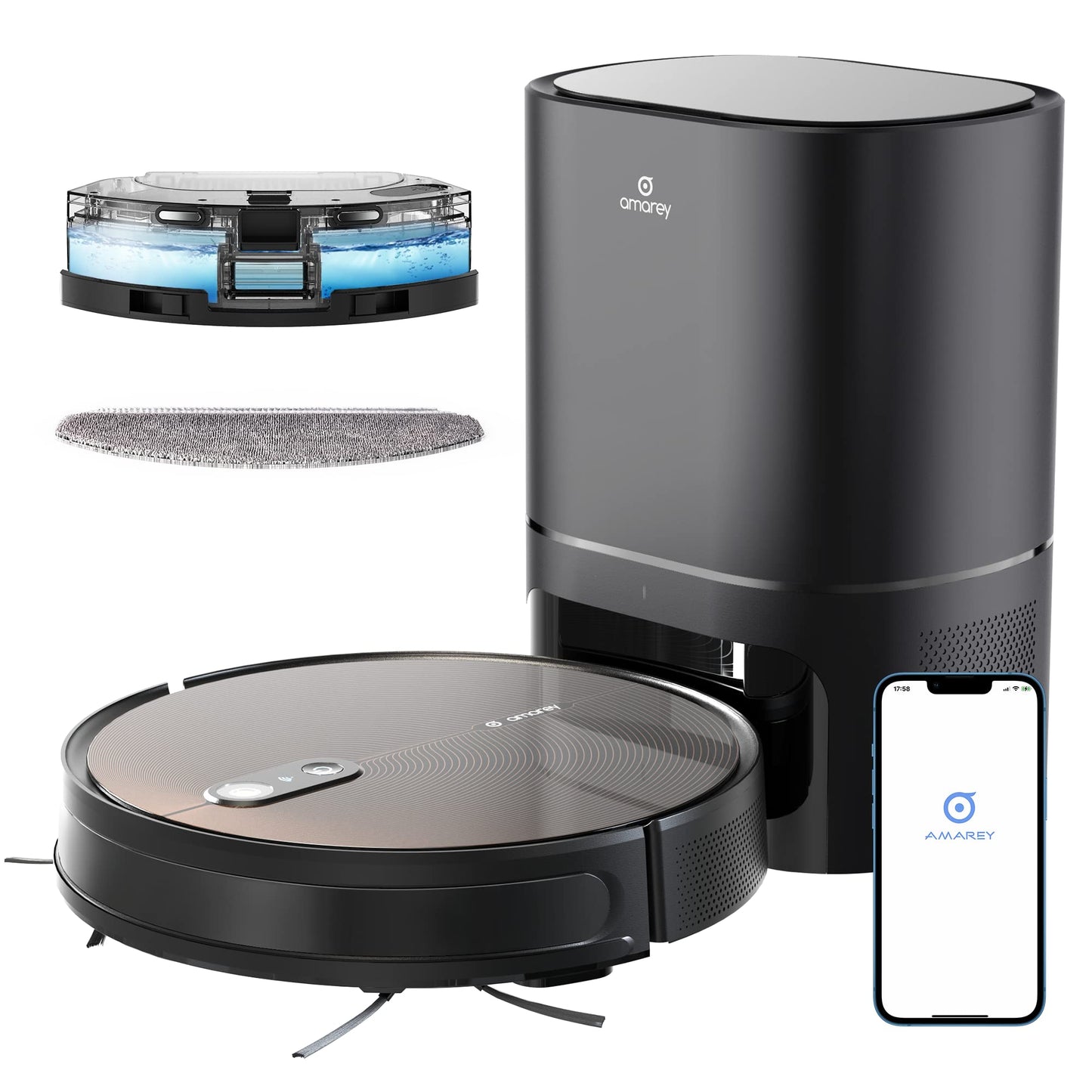 Amarey robot vacuum with self-emptying dock and mopping function, vacuum robot with automatic disposal dock, visual navigation, app & Alexa control, for pet hair, hard floors, carpets.