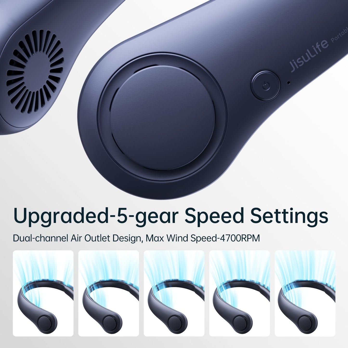 JISULIFE Portable neck fan, bladeless neck fan, 5 speeds, 4000mAh battery operated personal fan, gift for women and men - Dark Blue