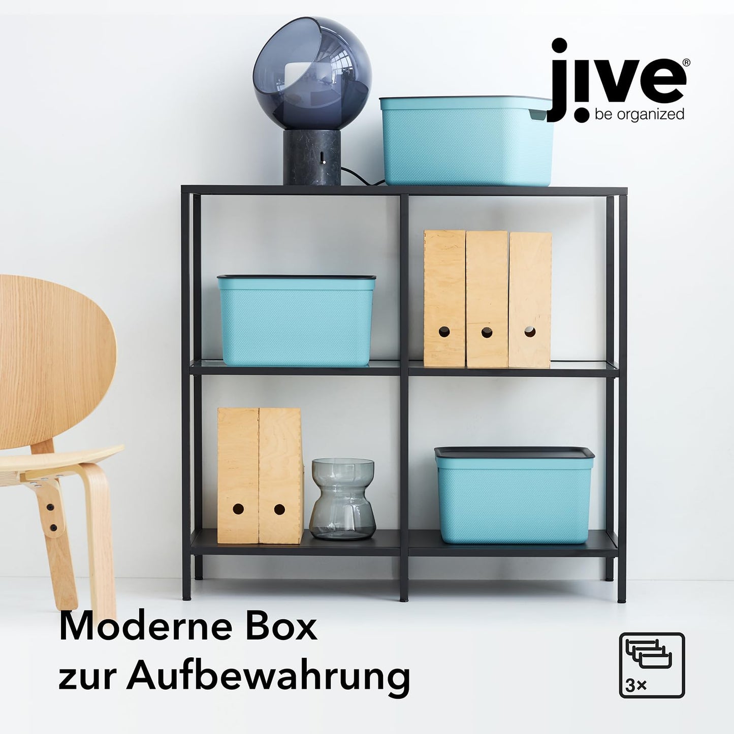 Jive storage box 3-piece set 16L with lid, made of recycled plastic (PP), turquoise/anthracite, 3x16L (37.5 x 27.8 x 29.8 cm)