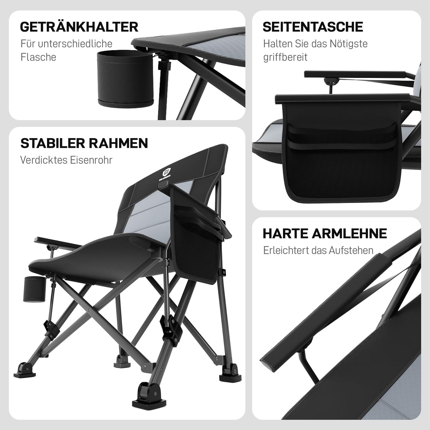 Ever Advanced folding camping chair supports up to 230KG. XL size with lumbar support, 62cm wide seat, side pocket, and drink holder. Great for camping, outdoor activities, balcony, and garden.