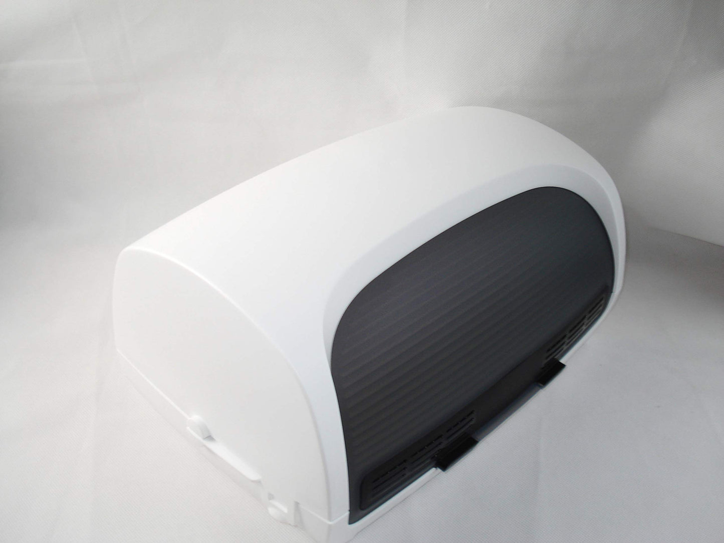 Tupperware bread box, lunch box, rectangular, white, black, 39.8 x 27.5 x 19.6 cm, 19,237.2 cubic centimeters, bread, bread box, food storage container.