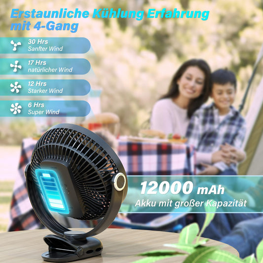 BIVBTP 20cm Portable Clip-On Fan, 12000mAh Battery Fan with Clip for strollers, 720 degree rotation, 4 speeds, USB desk fan for office, outdoor travel, camping (Black)