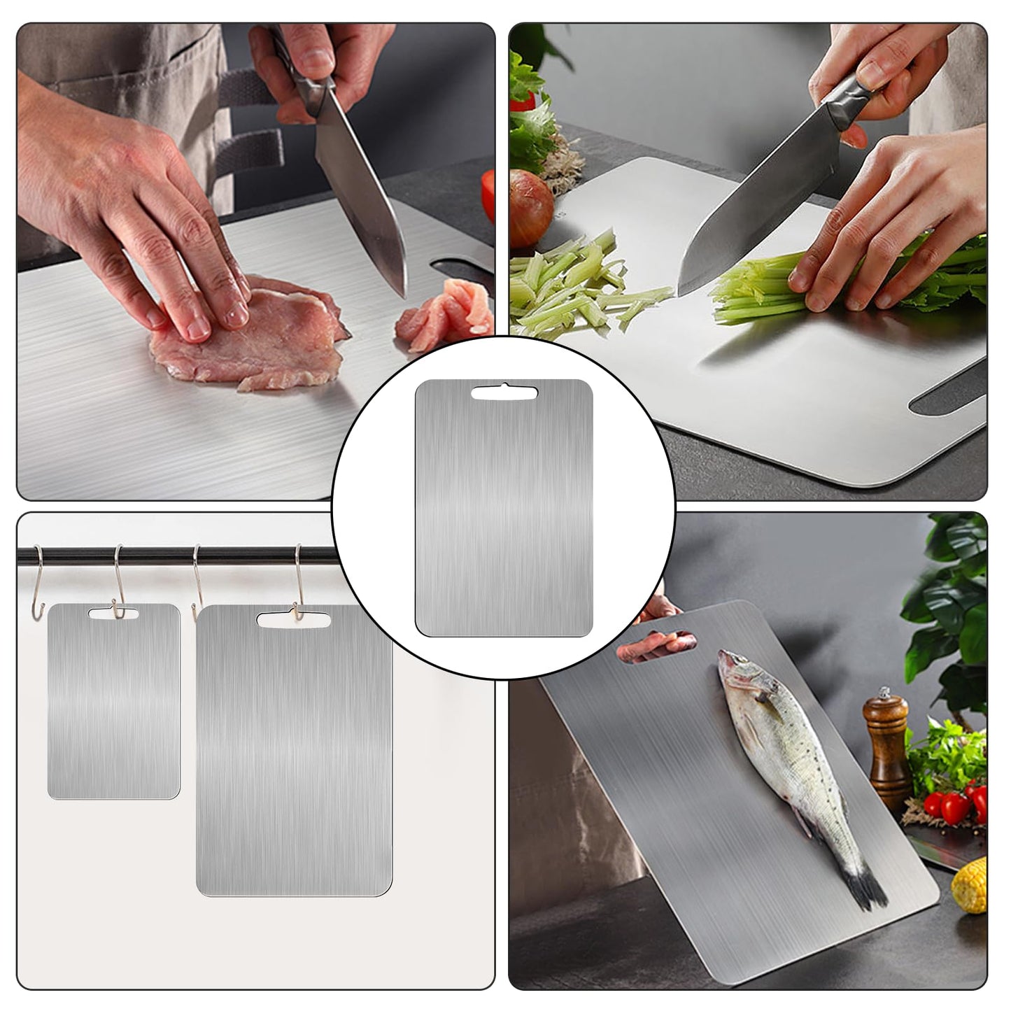 2 pieces of titanium cutting board, 304 stainless steel cutting board, double-sided food grade, for cutting meat, vegetables, fruits (34x23,25x15cm)