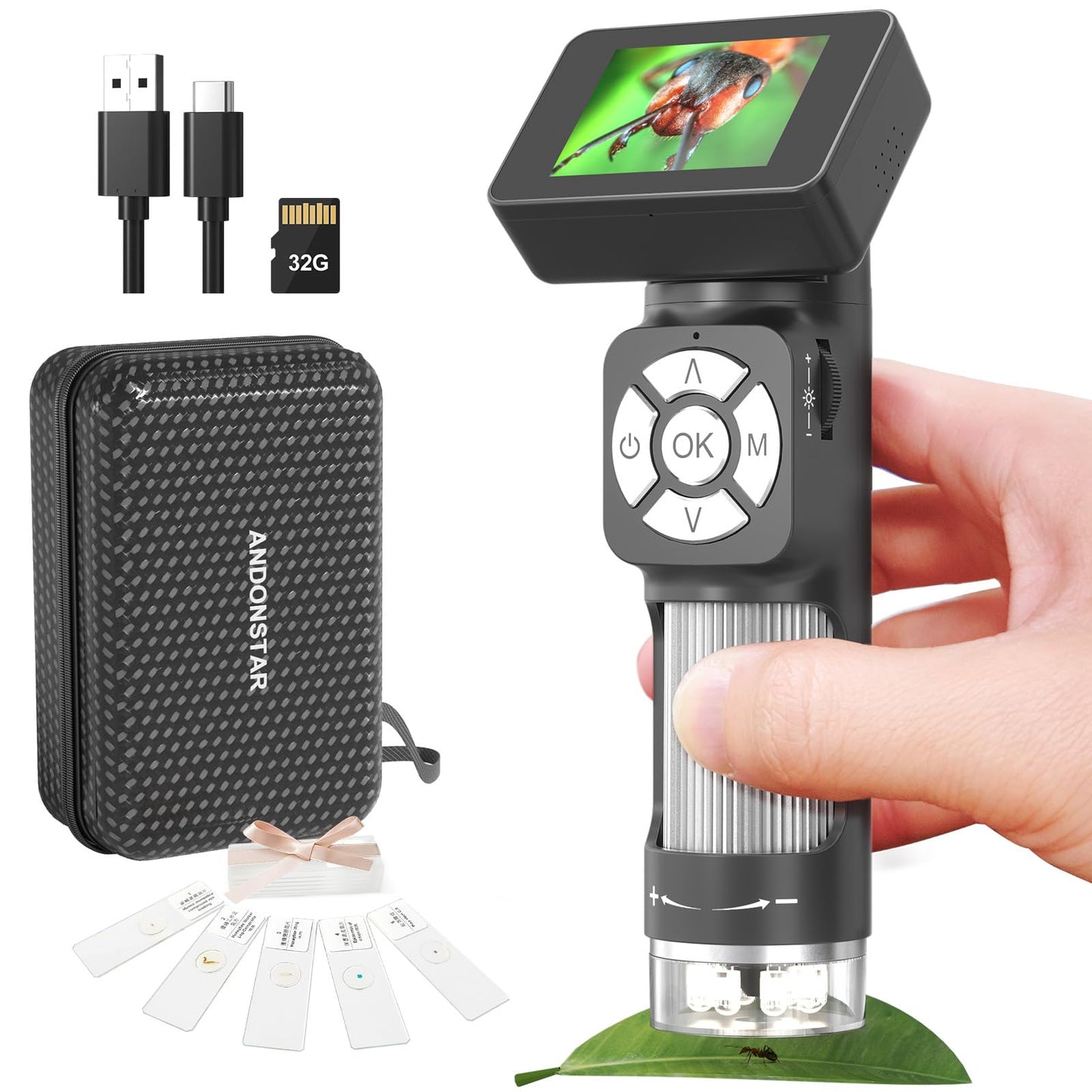 Andonstar AD112 Portable Pocket Microscope Kit for Kids and Adults with 2-inch LCD Screen, Mini Handheld Digital Microscope 500x with 8 adjustable LED lights, Windows PC compatible.