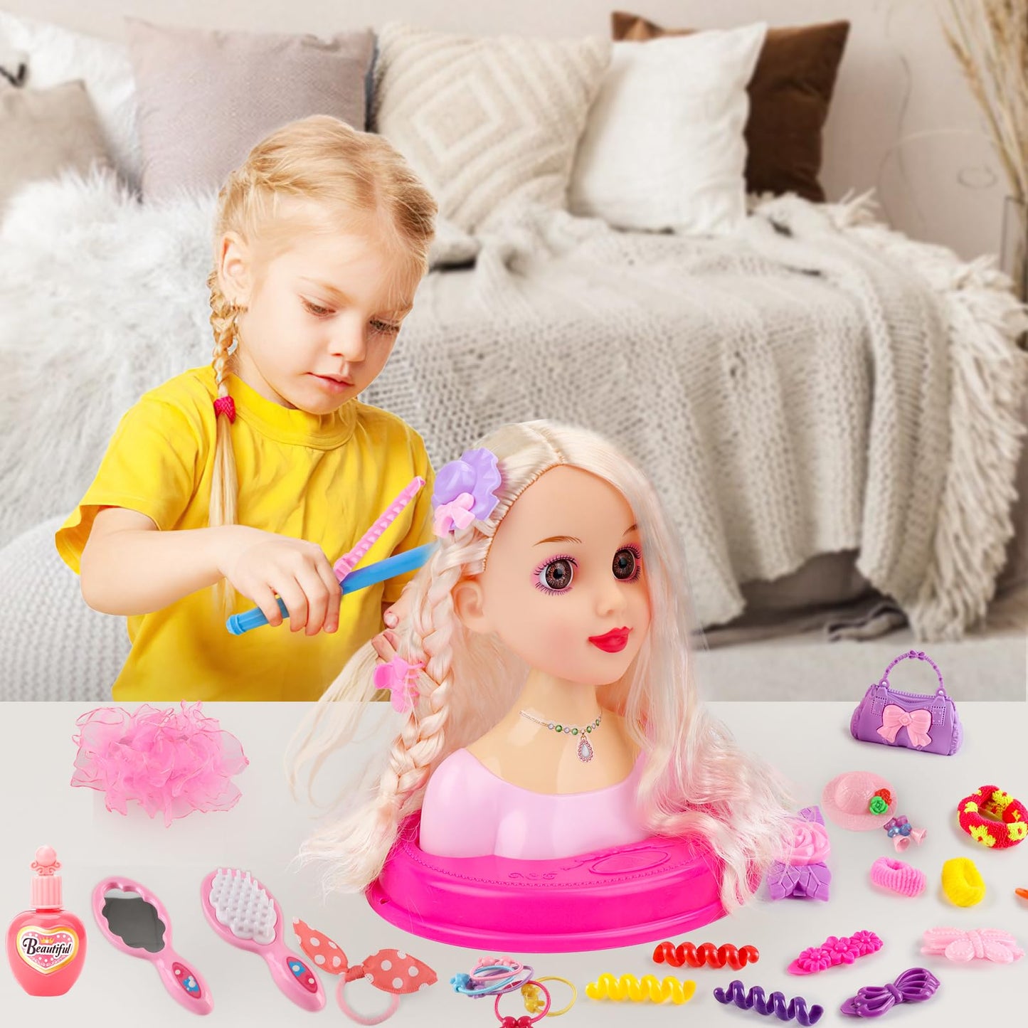 deAO Styling Head Doll for Kids, Styling Doll Head with Hair Dryer, Styling Head for Princess Dolls, Hair & Makeup Accessories, Toy for Girls 3+ years old