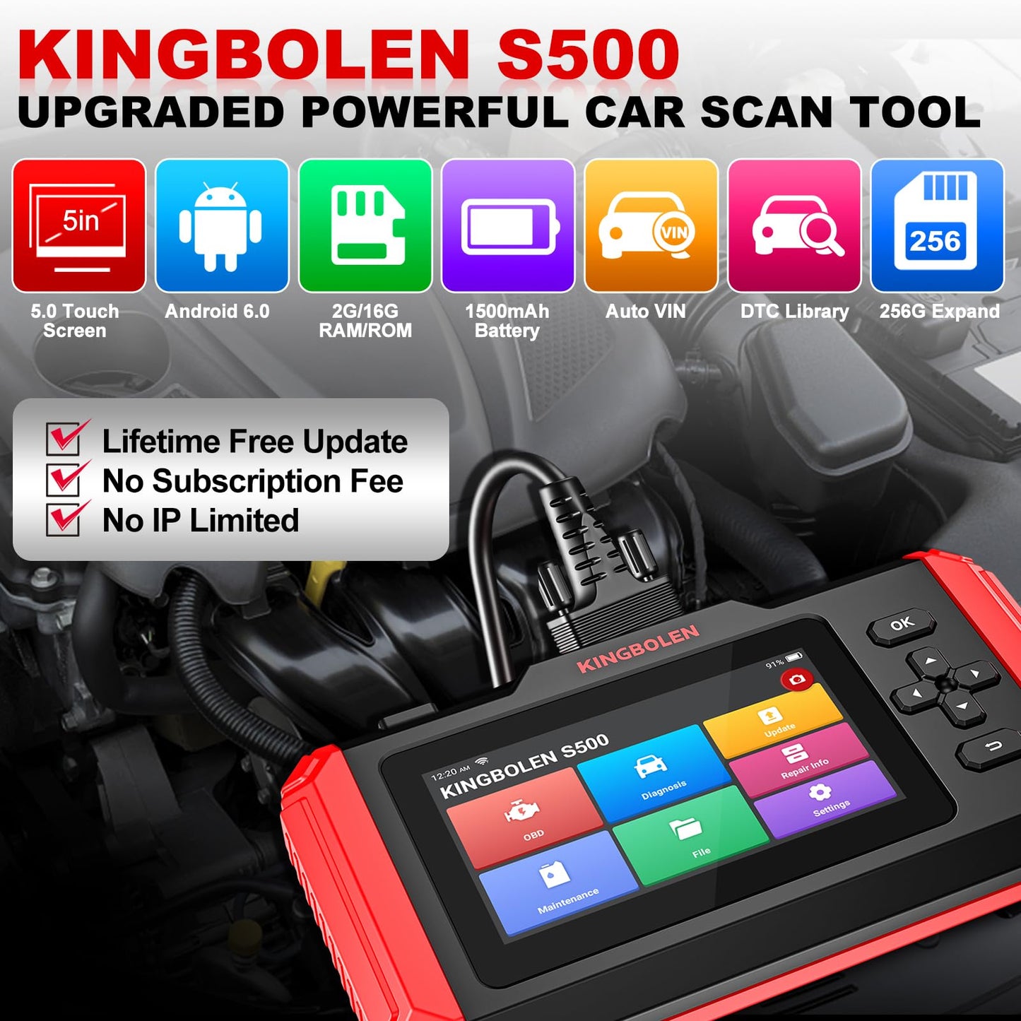 KINGBOLEN S500 OBD2 diagnostic tool, Automotive error code reader for Engine/Transmission/ABS/SRS, Auto diagnostic tool with Oil, SAS, Brake, ETS reset, Auto VIN, Lifetime Free Upgrade.