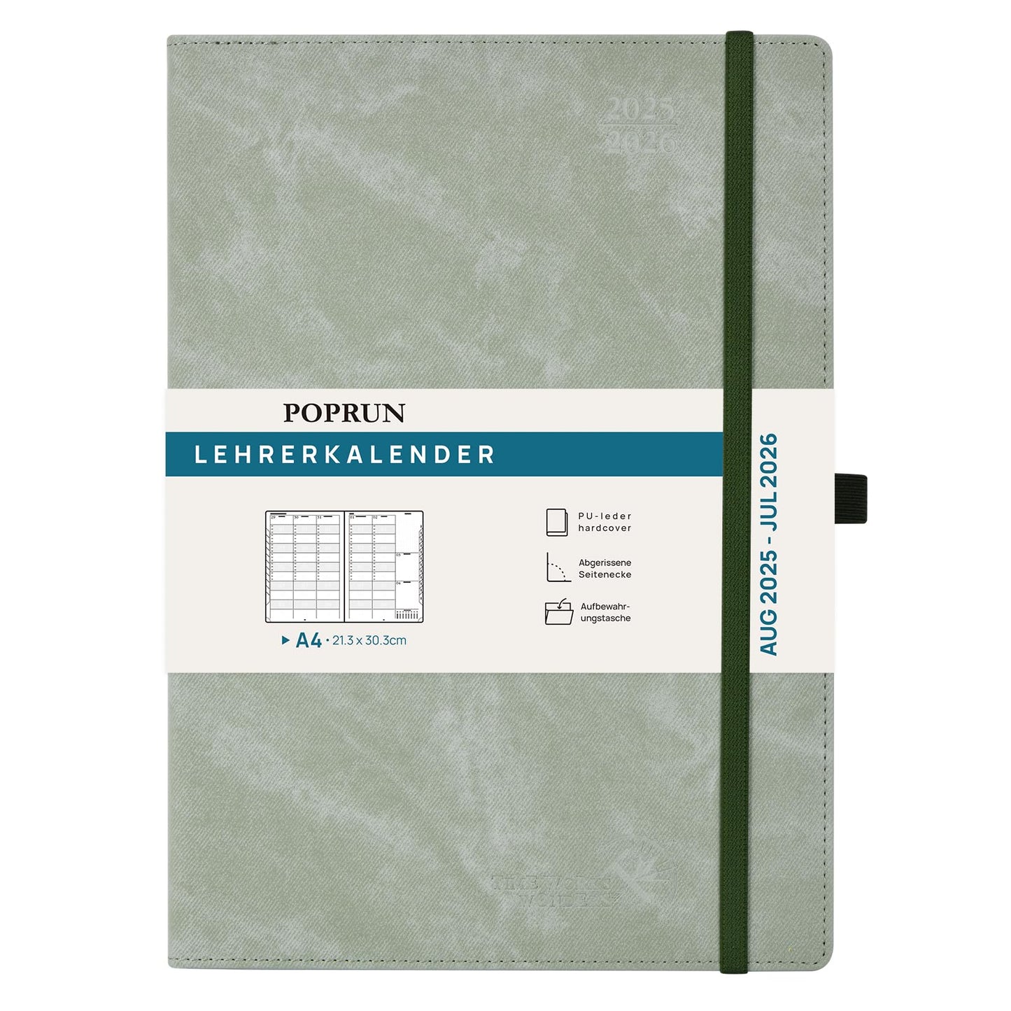 POPRUN Teacher Planner 2025 2026 A4 - Teacher Planner 25/26 for lesson planning with Monthly Index. School planner with PU Leather Hardcover for teachers - Olive Green.