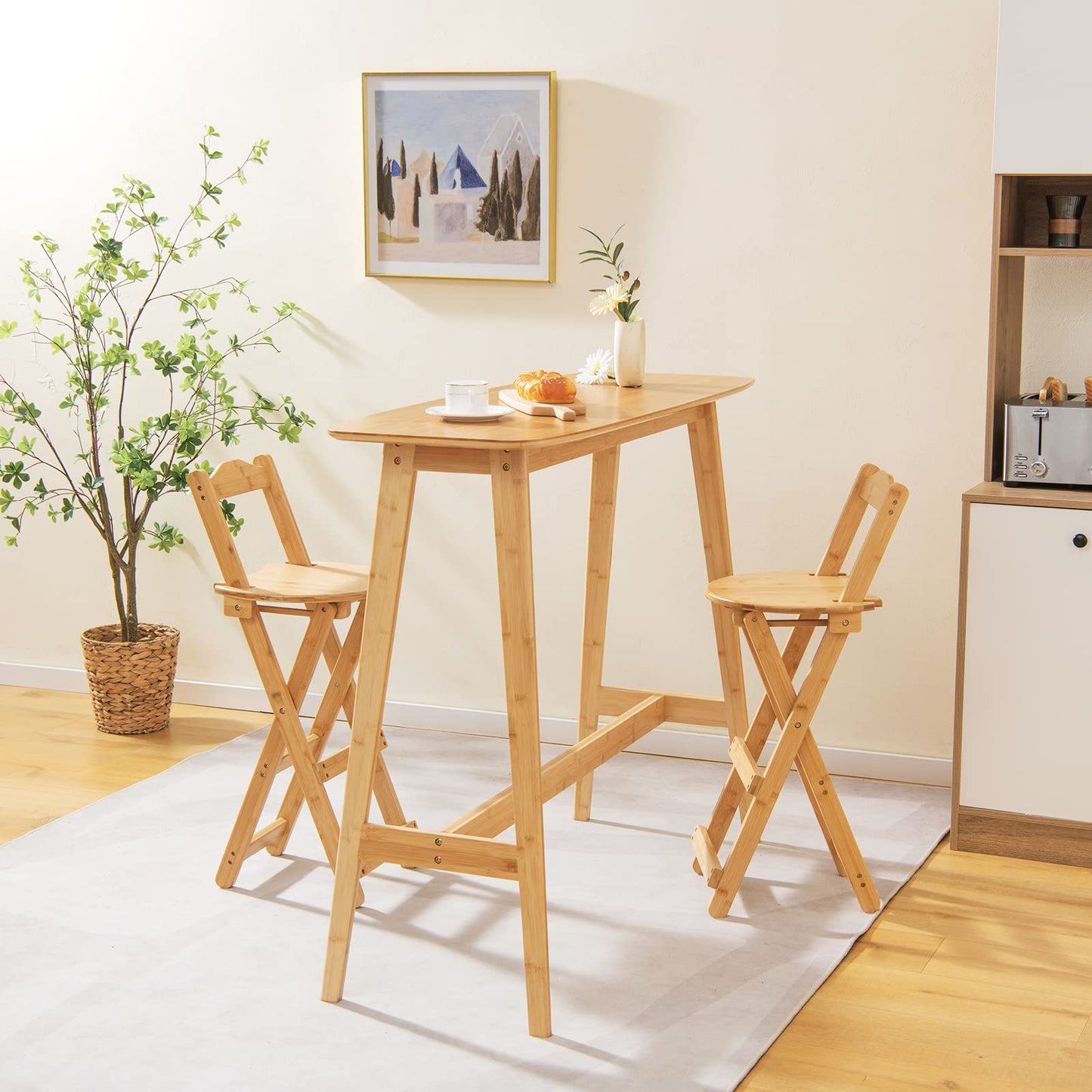 LIFEZEAL folding bar stools, set of 2 bamboo bar chairs, kitchen counter stools with backrest & footrest, folding bistro stools with heart-shaped seat, perfect for bars & kitchens, natural color.