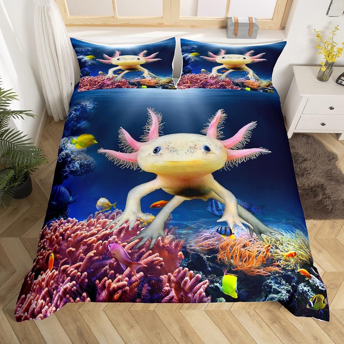 Nice Axolotl Duvet Cover Set in M size, Fish Sea Life Bedding Set for Kids Teens Girls Room Decor, Cartoon Animal Theme Comforter Cover Sea Blue Quilt Cover with 1 Pillowcase.