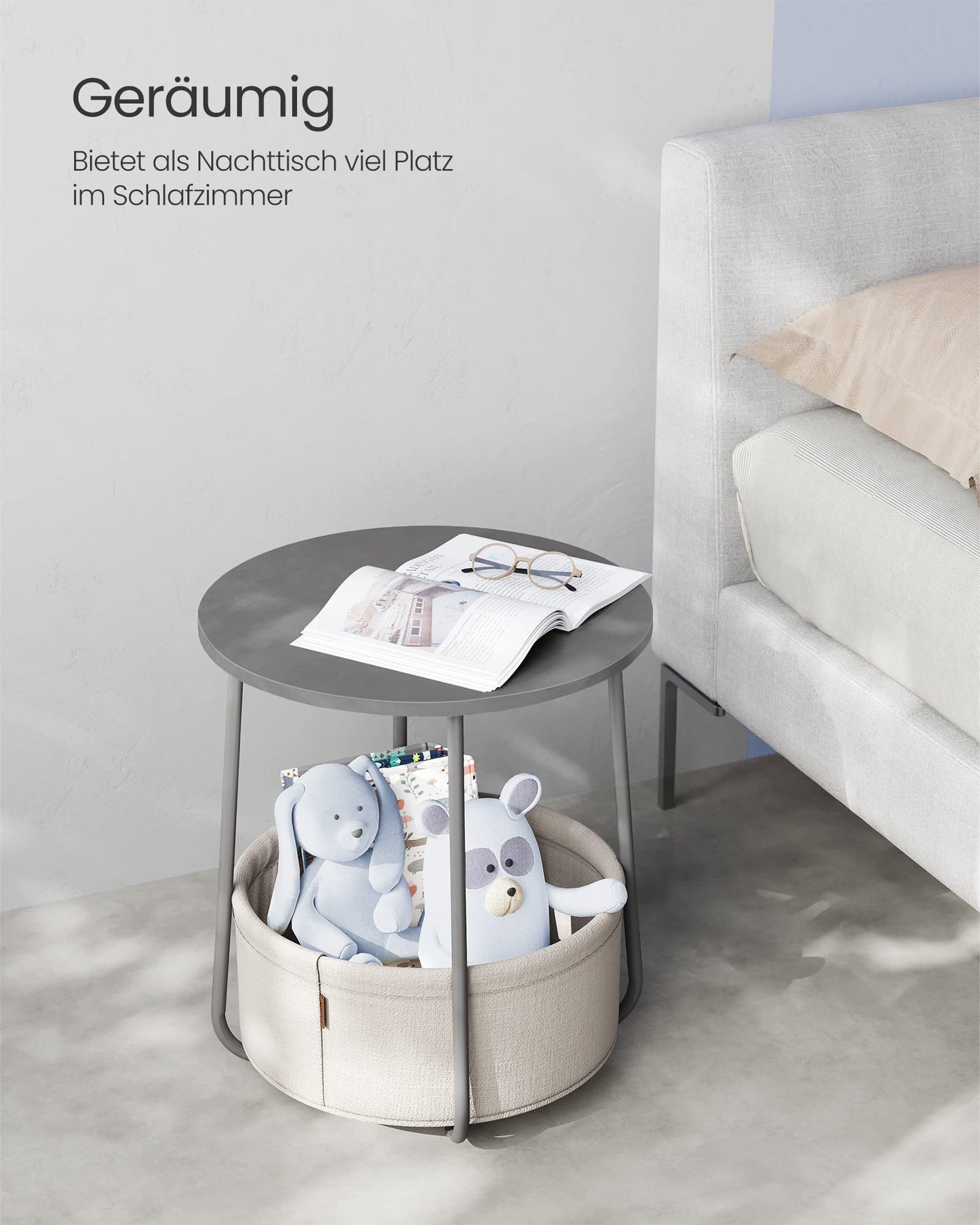 VASAGLE round side table, small table, compact coffee table, fabric basket, storage for living room bedroom, modern nightstand, cement gray-cream white LET223G49