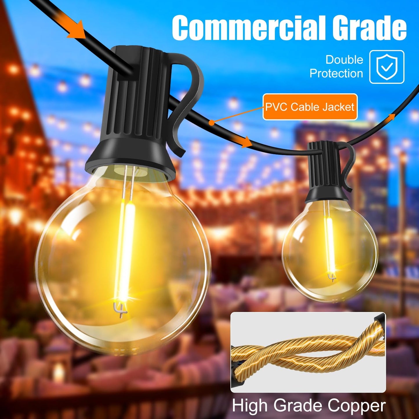 Outdoor string lights with remote control - 15M dimmable LED string lights with G40 bulbs, 4 modes and timer function, waterproof for outdoor garden balcony terrace party camping wedding.
