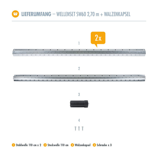 3T-MOTORS Roller shutter shaft 270 cm SW60, 8-sided steel shaft, shaft set with capsule, roller shutter shaft eight-sided for roller shutters, roller shutter motor