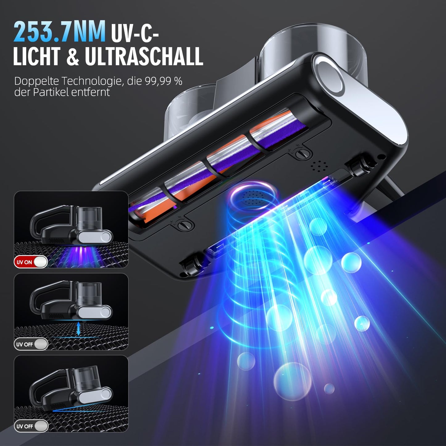 JPHYLL dust mite vacuum cleaner for mattresses with 253.7nm UV light, 16Kpa suction power, brush roller knocking, HEPA filter, ultrasonic technology, hot air, wide suction opening, black.