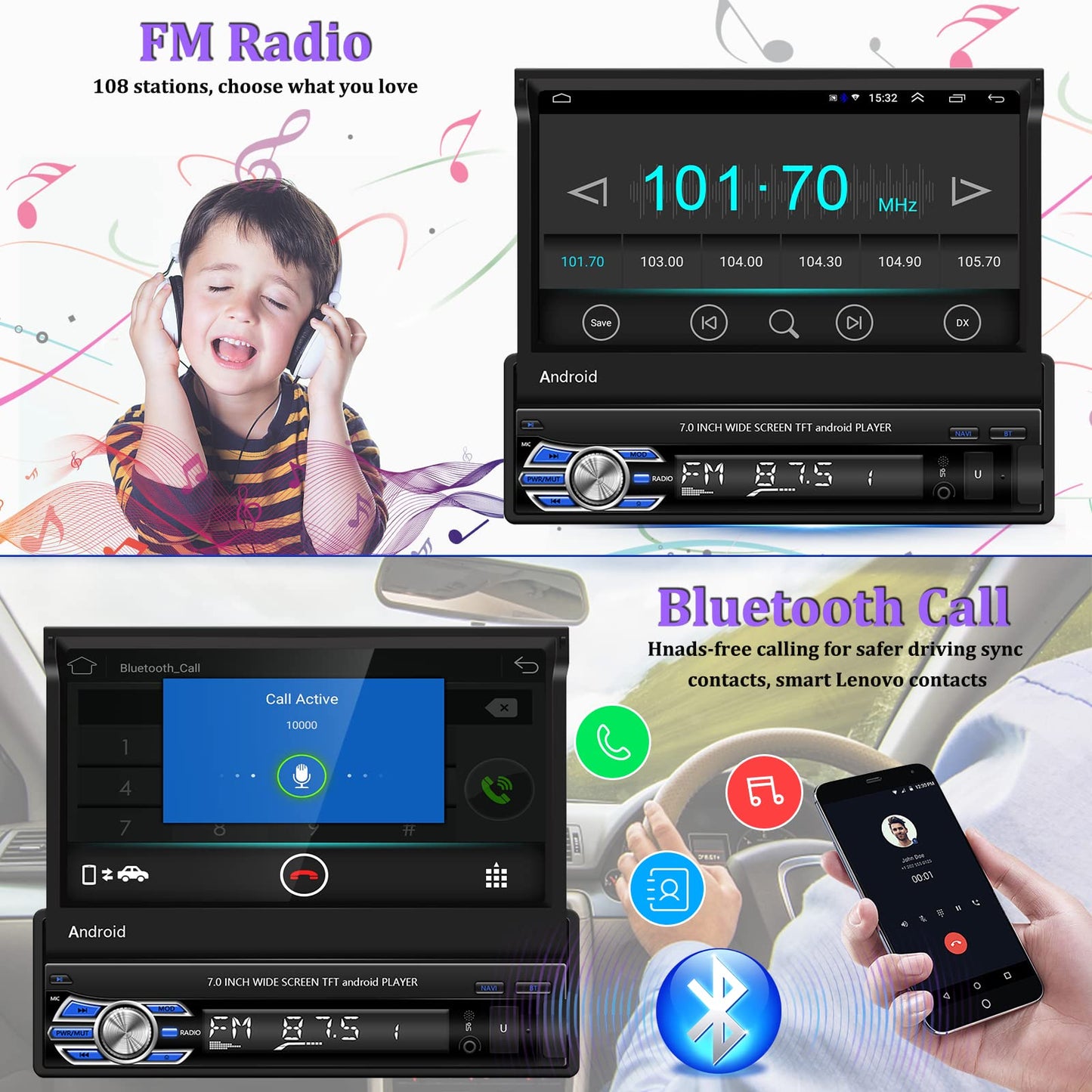 CAMECHO DAB+ Android car stereo 1 Din with navigation, 7 inch retractable screen with Bluetooth hands-free calling Mirror-Link AUX-in FM USB+backup camera & microphone