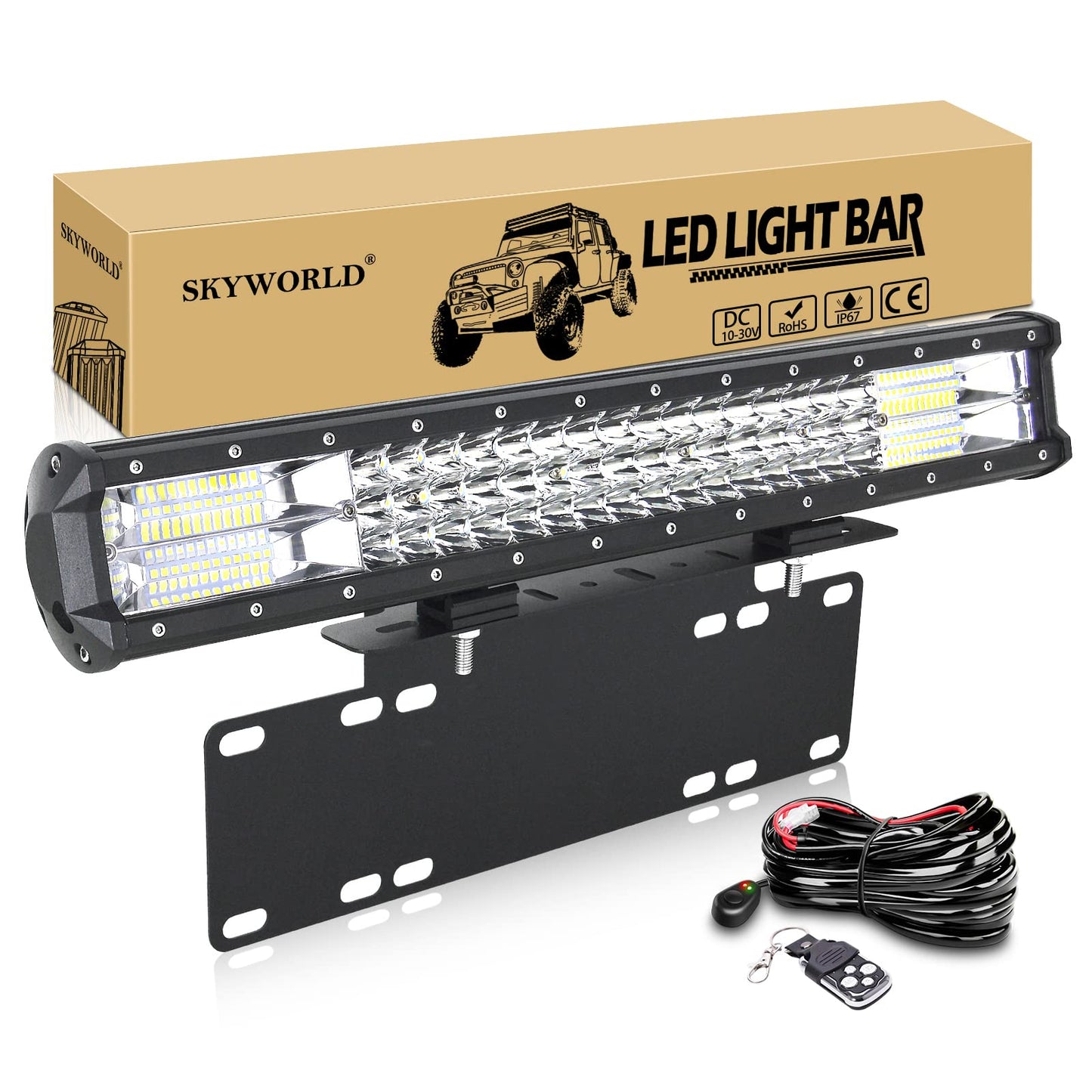 SKYWORLD 50.8cm work light 288W LED light bar, auxiliary headlight off-road spotlight, license plate holder with 12V flash wiring harness kit for car SUV truck car 4x4