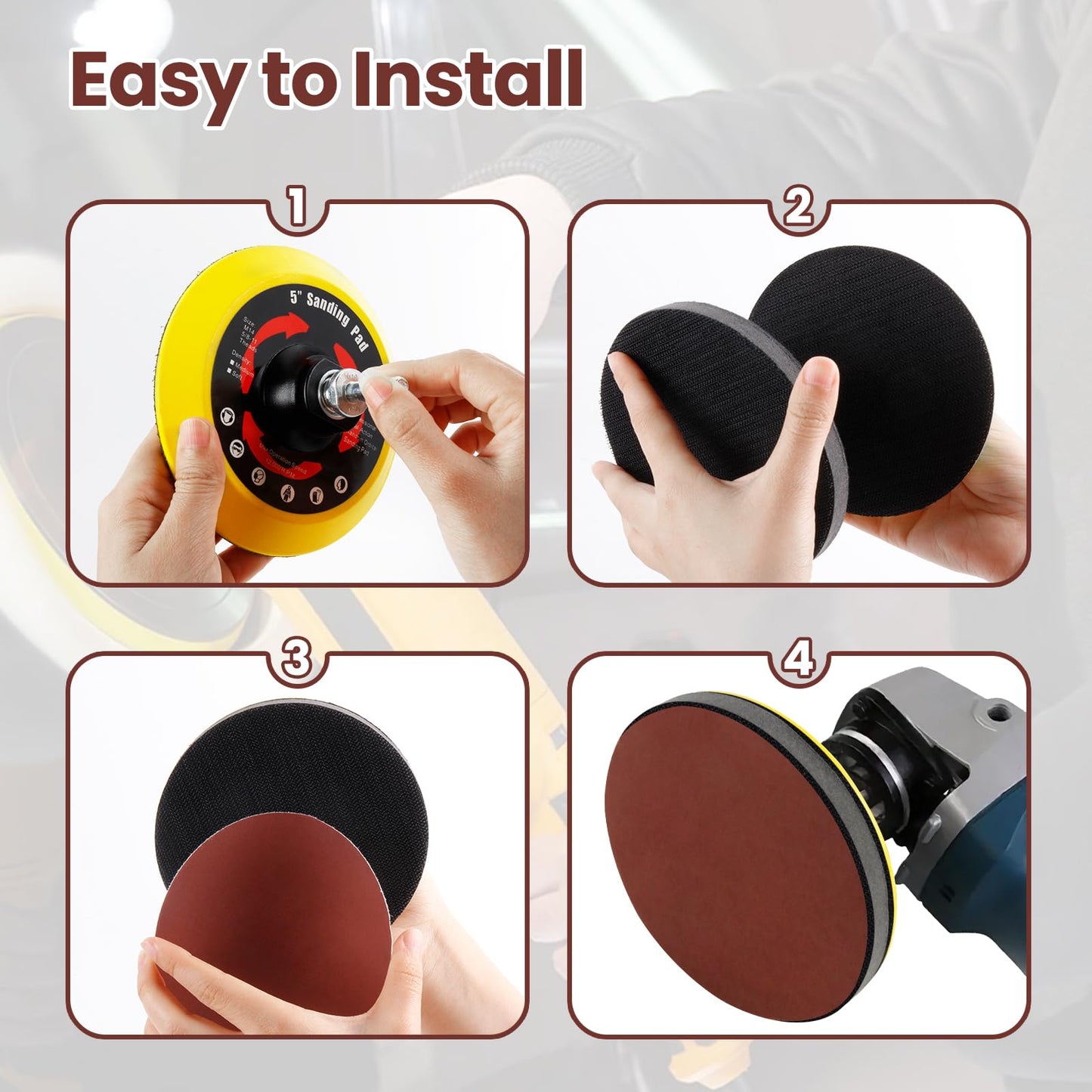 120-piece sanding disc set, 125mm hook and loop for angle grinders, grit 40/60/80/120/180/240/320/600 sanding disc pad kit, sandpaper with M14 grinding disc shaft, polishing pad adapter, buffer pads.