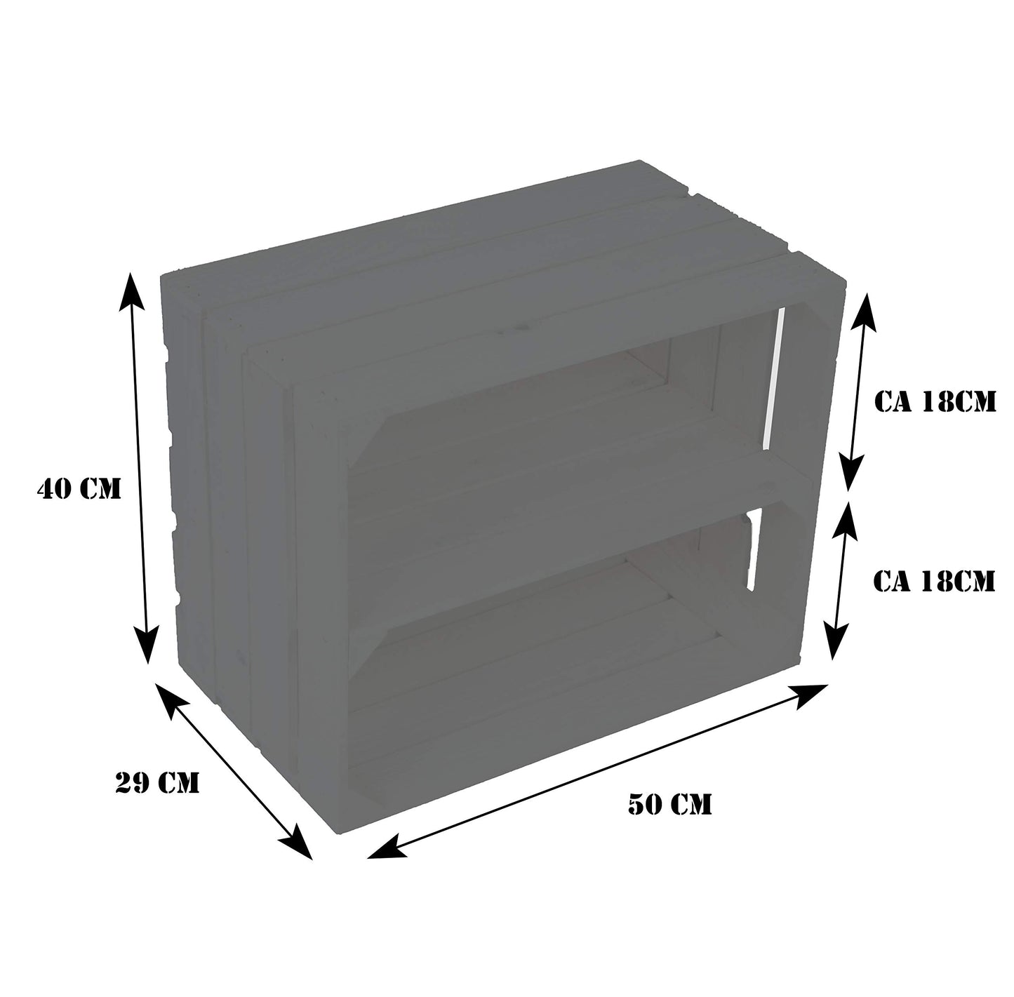 3-piece set of new white fruit crates with middle shelf. Perfect for storing apples, wine bottles, or as a shoe rack. Size: 50 x 30 x 40 cm (WHITE WITH INSERT "LONGWAYS")