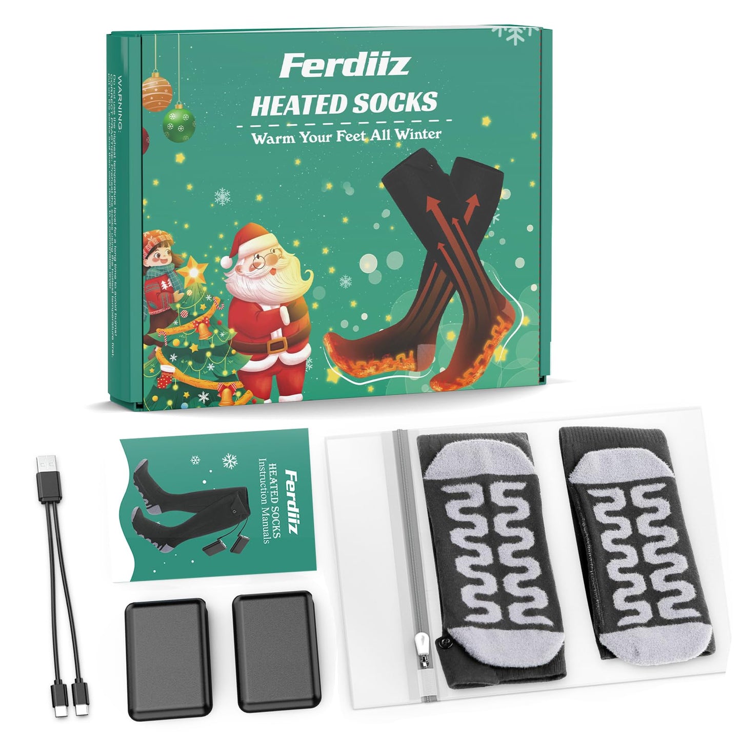 2024 Ferdiiz Heated Socks, 2 X 6000mAh/5V Battery Max. 12H Electric Foot Warmer Rechargeable Wool Heated Socks 2 Heating Wire Heated Socks with 4 Temperatures for Boys Girls.