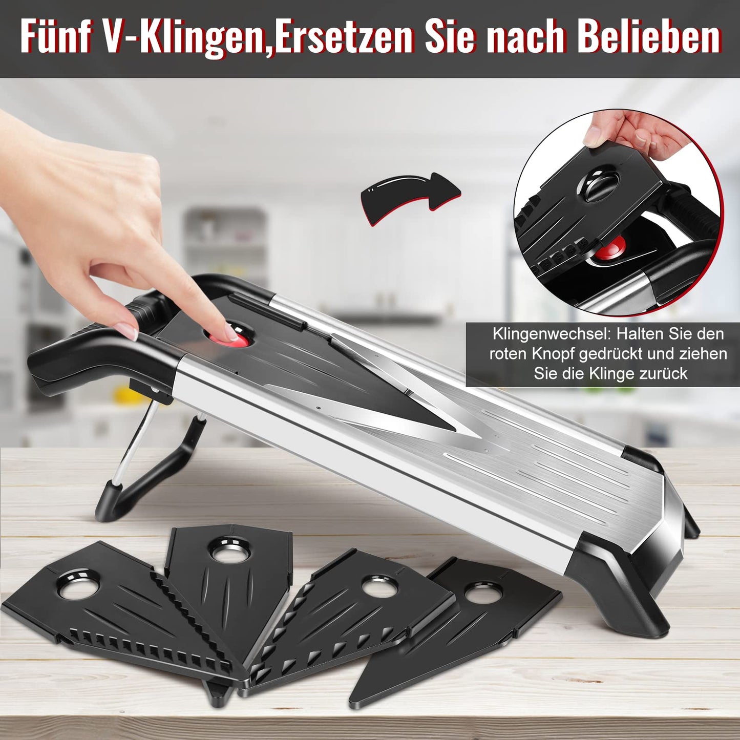 MASTERTOP Mandoline Vegetable Slicer with V-Blade, 5 in 1 Vegetable Cutter Vegetable Grater Stainless Steel, Cucumber Slicer Thin Slices, Adjustable V-Slicer Kitchen Slicer Grater for Vegetables