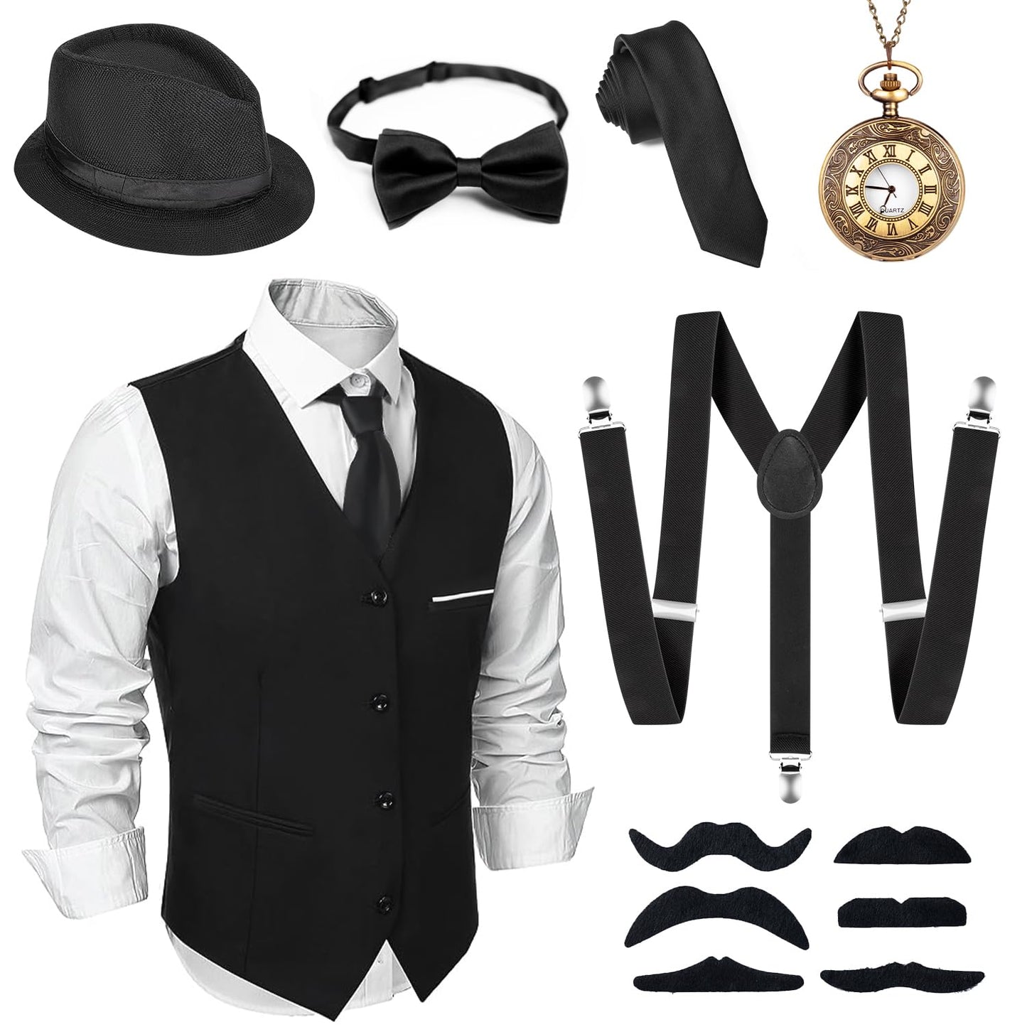 Alintor 1920s Costume Men, Carnival Costumes Men, Mafia Carnival Costume Men, 1920s Accessories Panama Hat Vest Tie Bow Tie Suspenders Costume Set (L)