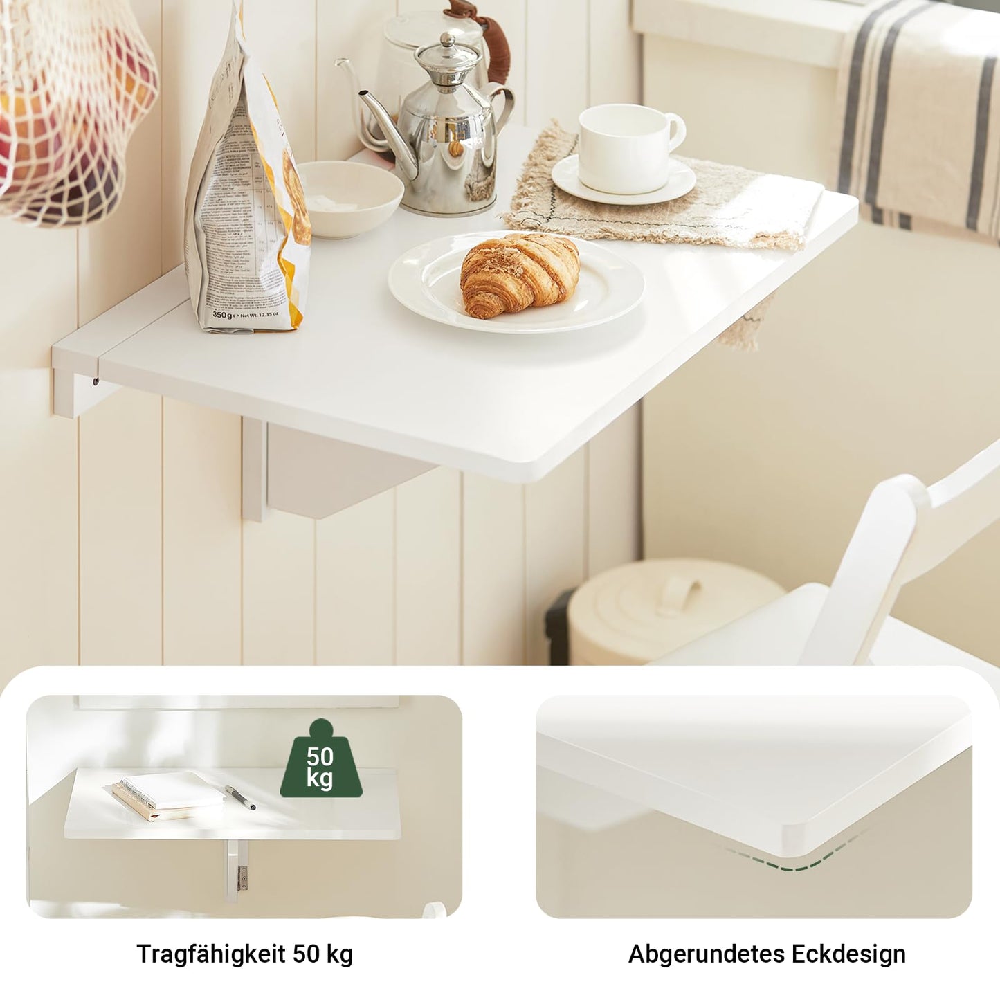 SoBuy Wall-mounted Folding Table Foldable Dining Table Compact Kitchen Table Space-saving Design Fold-down Table for Small Spaces Mounted Table 60x40cm White FWT03-W