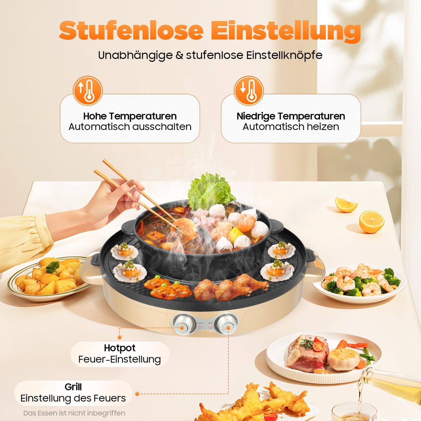 Charocean 2000W Hot Pot Electric Hotpot Pot 220V Electric Grill 2 in 1 Multifunction Electric Grill Hot pot with Removable Cooking Plate, Electric Hot Pots for Dorm Home (Gold)