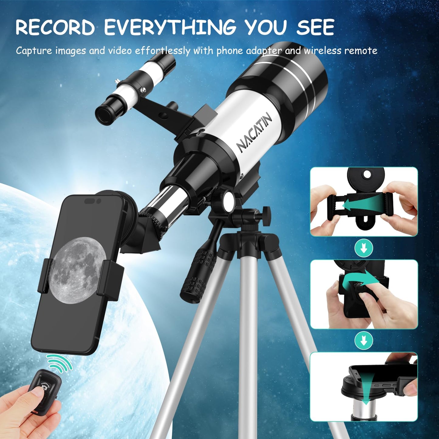 Telescope for kids, NACATIN 70mm aperture refractor telescope for kids, adults & beginners, adjustable tripod, with smartphone adapter and wireless remote control.