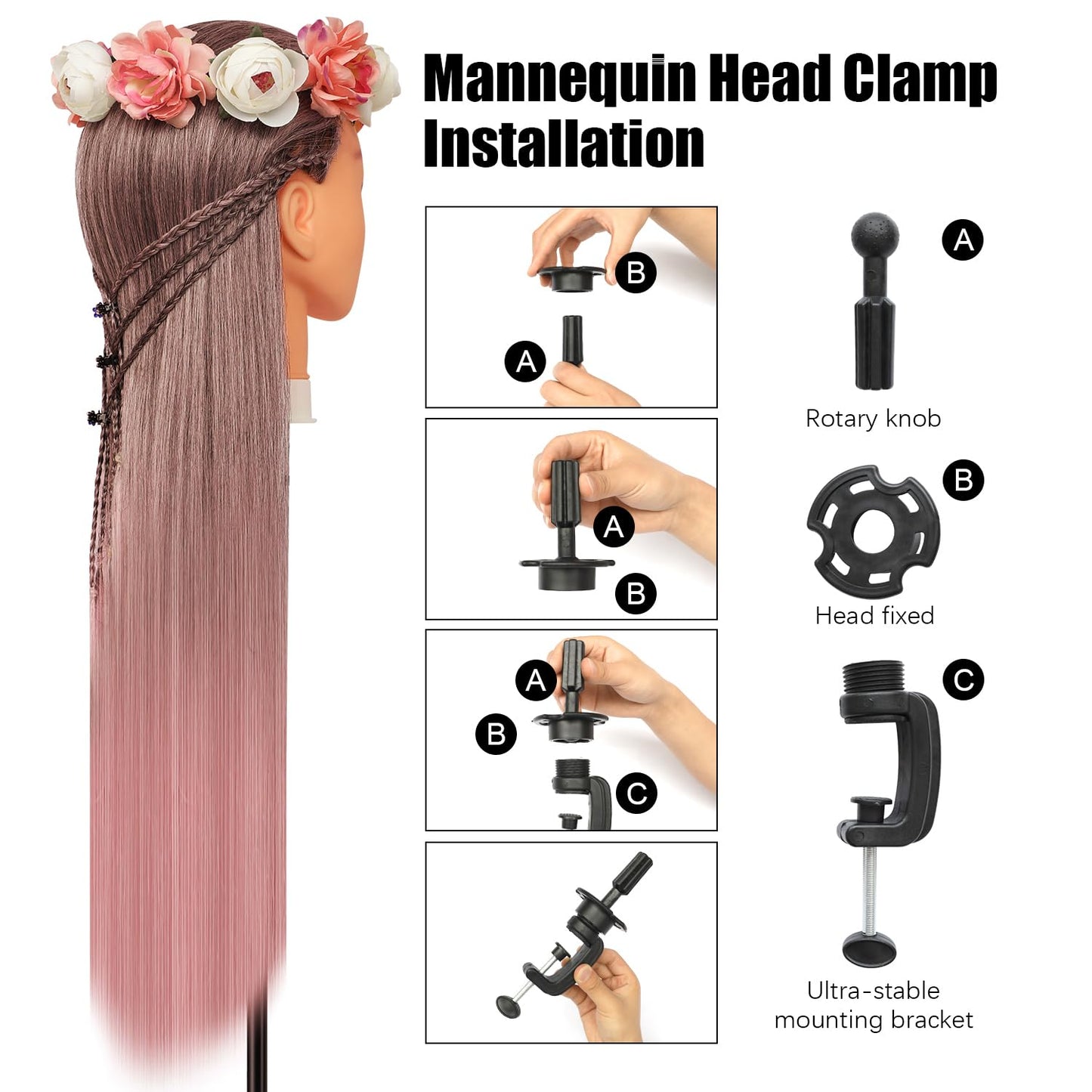 Training mannequin heads, 28 inch practice head styling head for hairdressers made of 100% synthetic fiber hair. Comes with free clamp and DIY braiding set. Gradient pink color.
