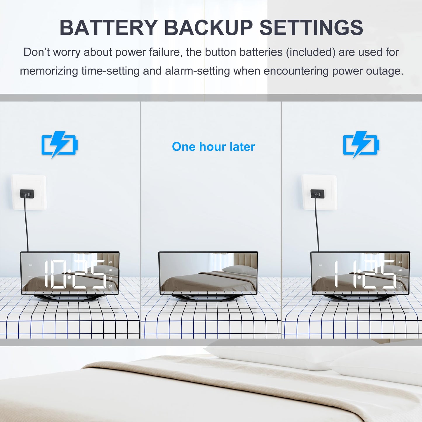 Loud alarm clock with bed shaker for heavy sleepers, digital dual alarm clock with vibration, 8.7'' LED mirror alarm clock for kids, teens, 7 volume levels and dimmer, battery backup, snooze, 12/24H-DST.