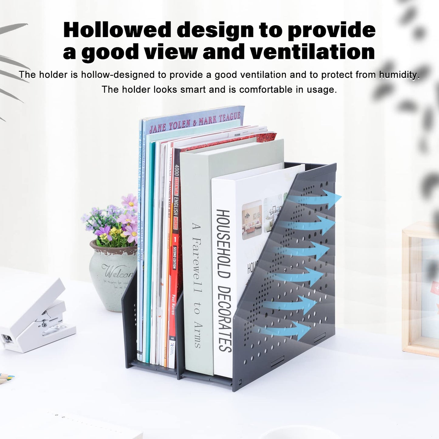 FRETONBA Foldable Standing File Holder, 2 Pieces, for A4, File Magazine Holder with 2 Compartments, Desk Organizer for Office Organization and Storage, School Office Desk Organizer, Dark Grey