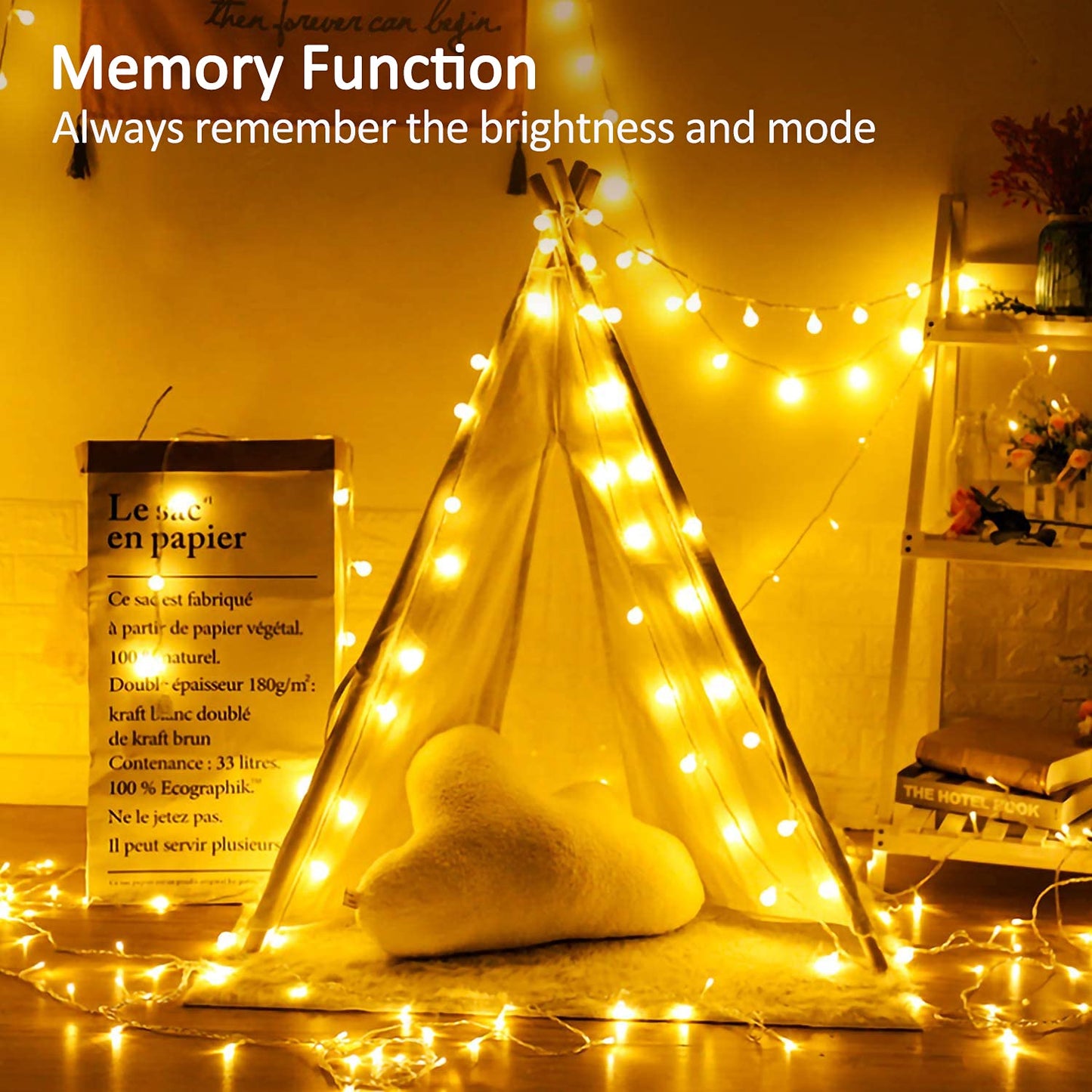 LED fairy string lights powered by electricity, 15M warm white ball string lights with plug for outdoor and indoor use, IP65 waterproof string lights with dimmable remote control, great for rooms, Christmas, parties, gardens.