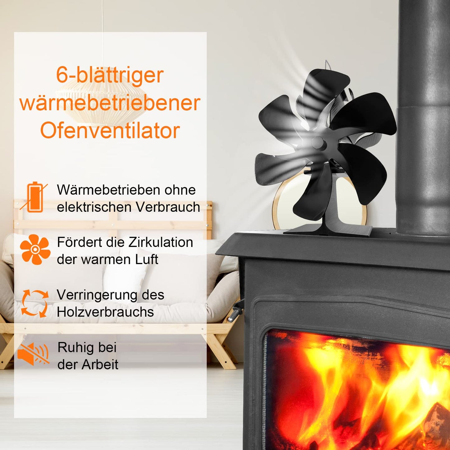 6-blade stove fan fireplace fan, no electricity needed for wood stoves and fireplace inserts.