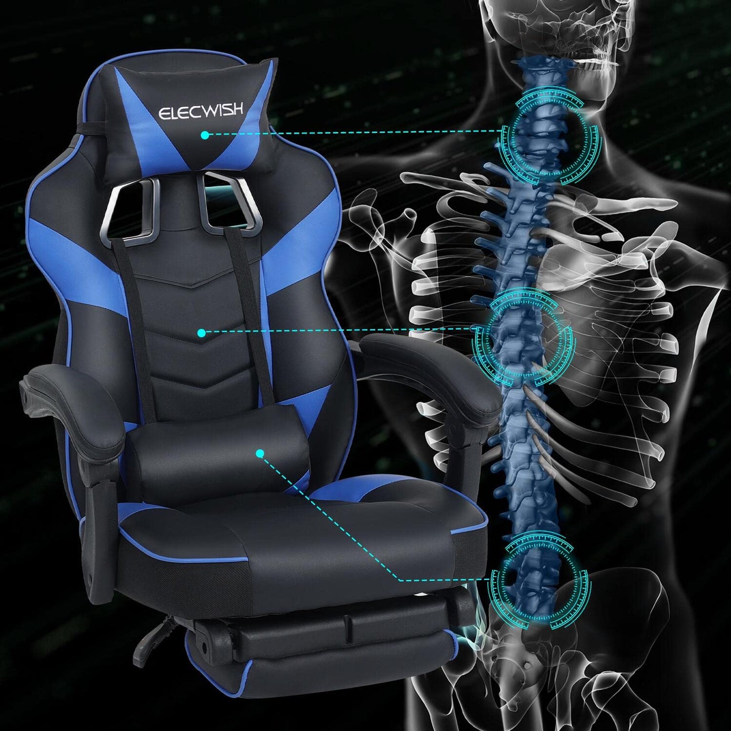 Puluomis Gaming Chair with Footrest, Racing Style, PC Chair, Swivel High-Back, Adjustable 90-150° Recline, Detachable Headrest, Lumbar Pillow, Ergonomic Design, Blue.