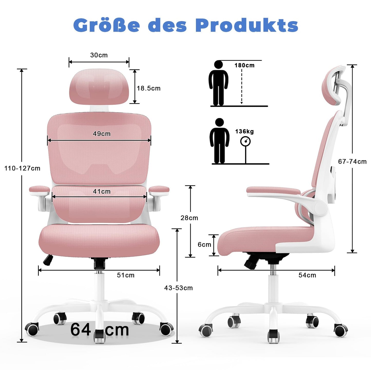 Naspaluro office chair, Ergonomic desk chair with adjustable headrest, armrests, dynamic lumbar support, swivel chair with breathable mesh cover for the home office, Pink.
