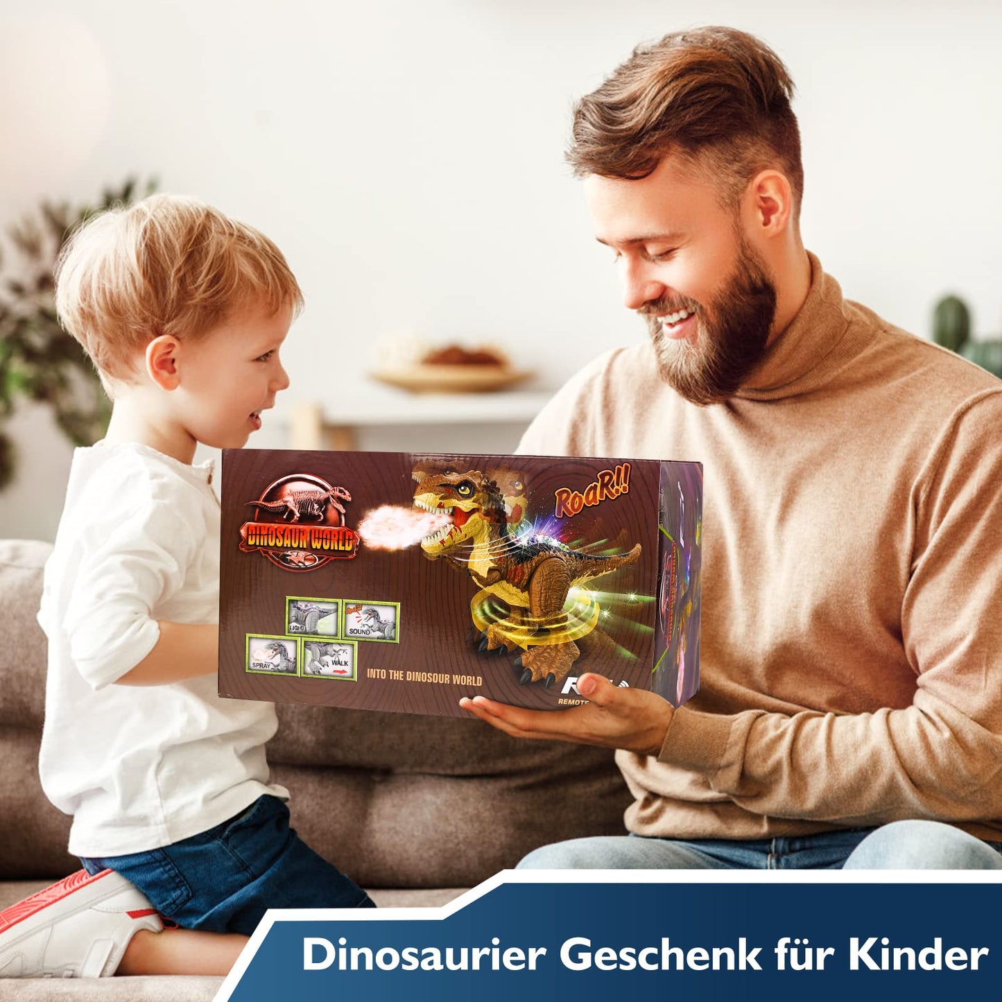 BAZOVE 2.4GHz remote control dinosaur toy with 360° spin stunt, spraying function, roaring, and LED light, electronic T-Rex dino toy gift for boys girls 3+ years old.