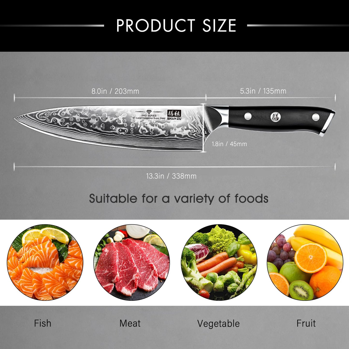 SHAN ZU Damascus Knife Chef Knife 67 Layers Damascus Steel Kitchen Knife with G10 Handle 20CM - PRO Series