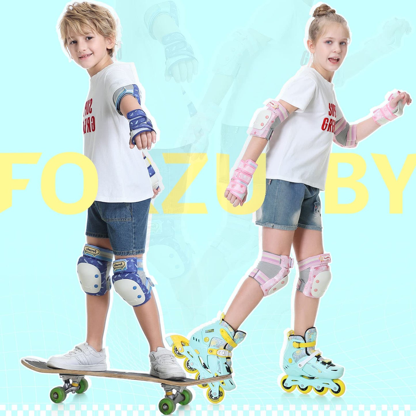 Forzueby knee pads, elbow pads, and wrist guards for adults & kids - 6 in 1 protective gear set for inline skating, skateboarding, scooter riding, BMX, etc.